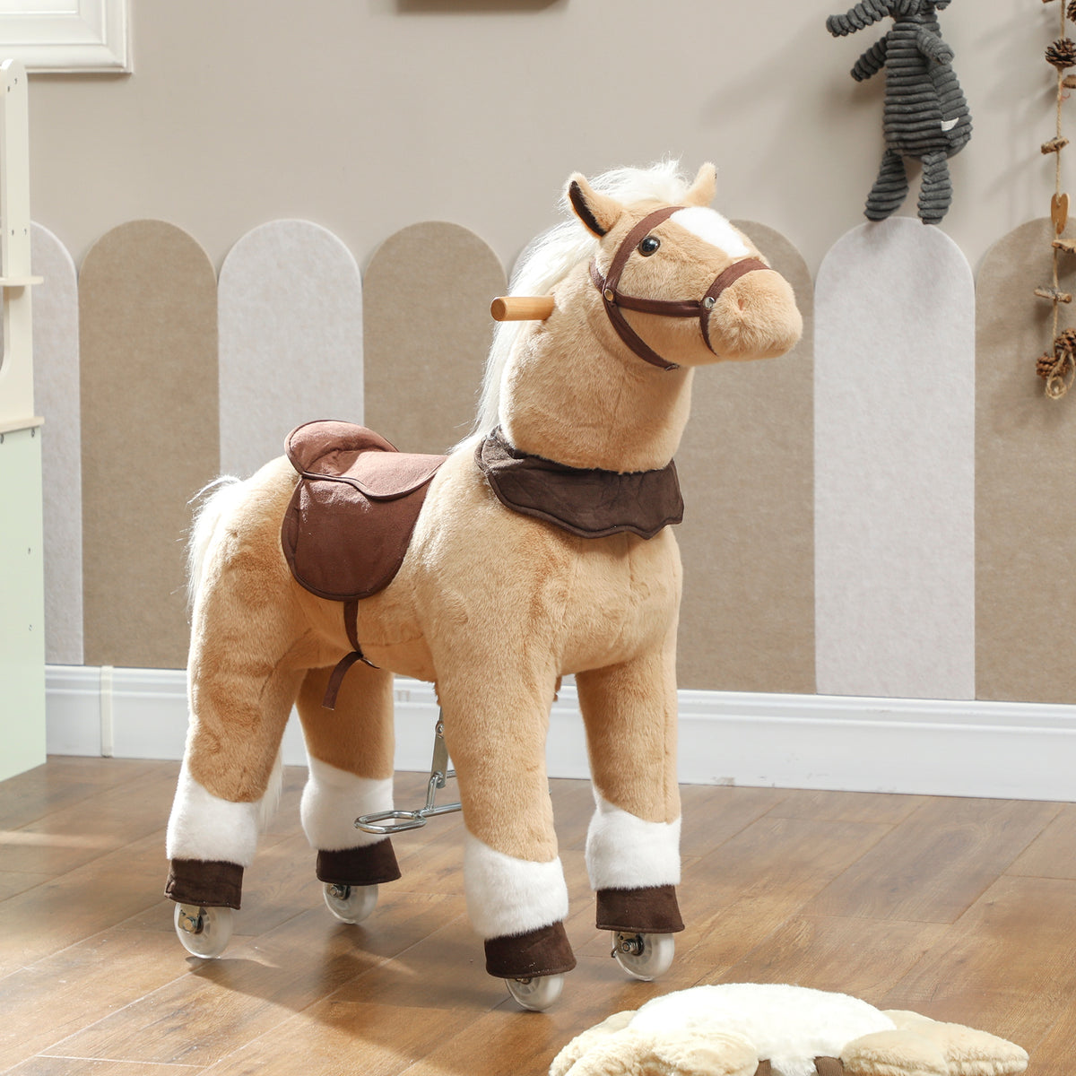 AIYAPLAY Plush Rocking Horse With Rolling Wheels For 3-5 Years, Brown