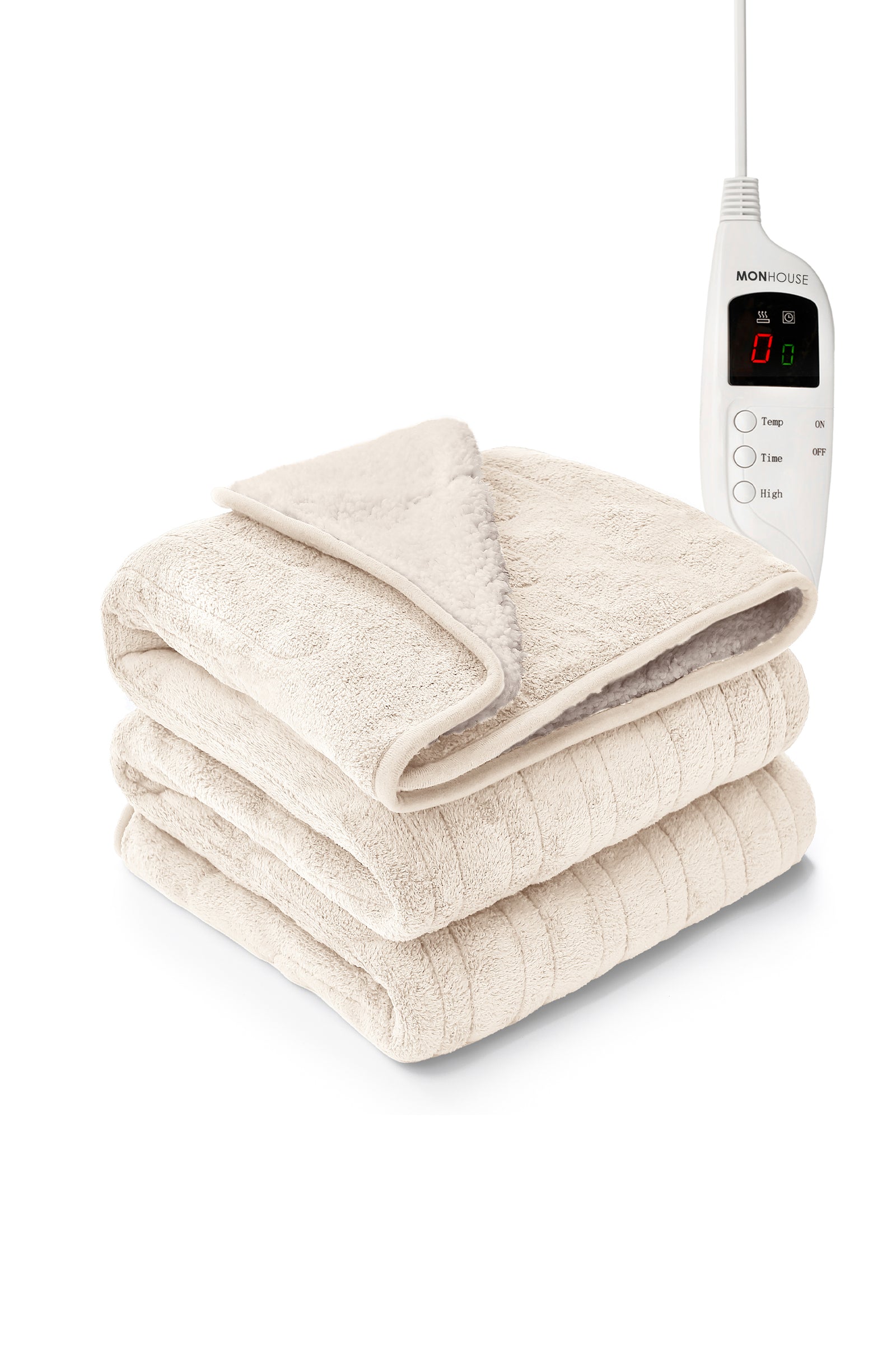 Heated Electric Throw 9h Timer 9 Heat Setting Shearling Fleece Blanket | Double | Beige