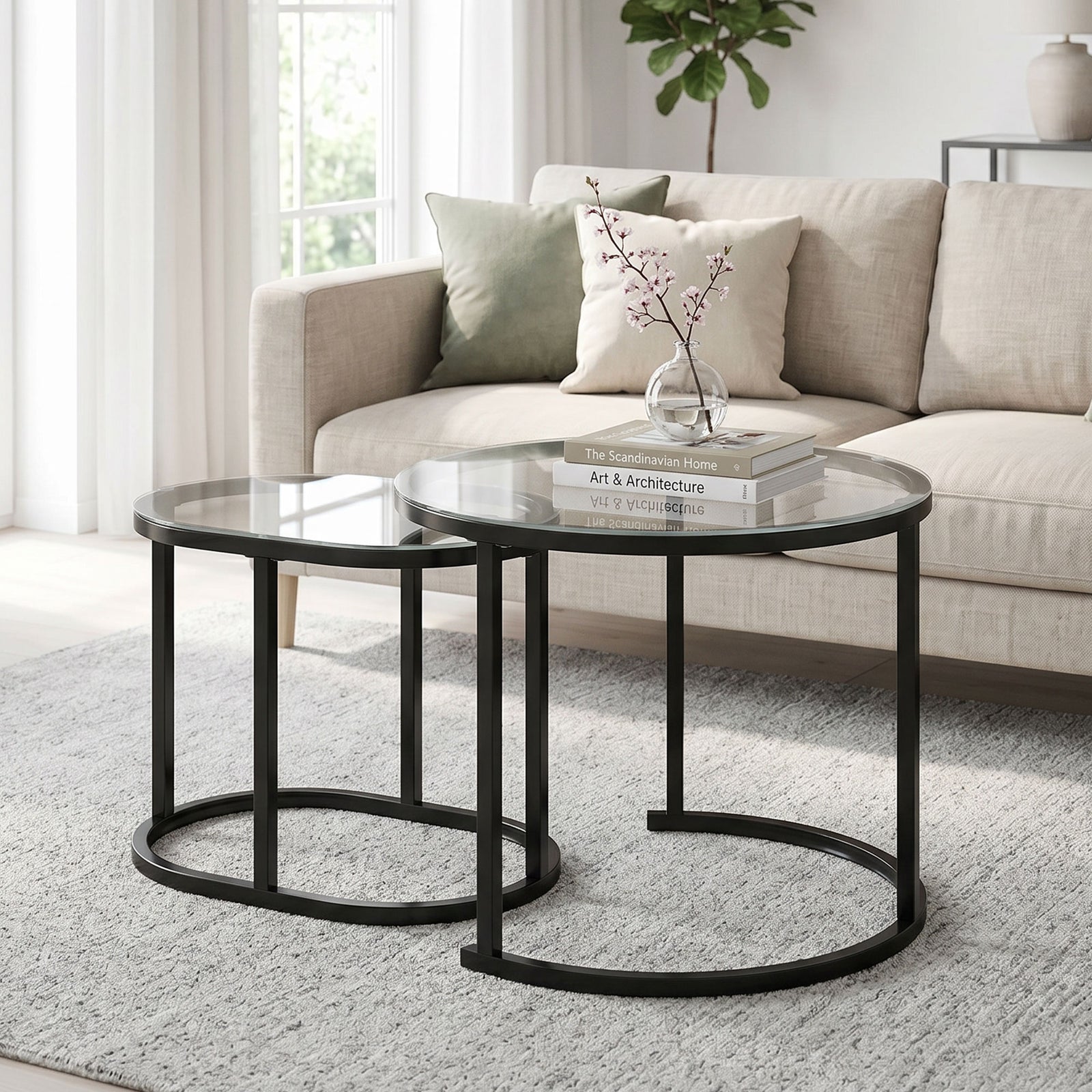 2 Pcs Modern Coffee Table With Tempered Glass Side Tables | Black