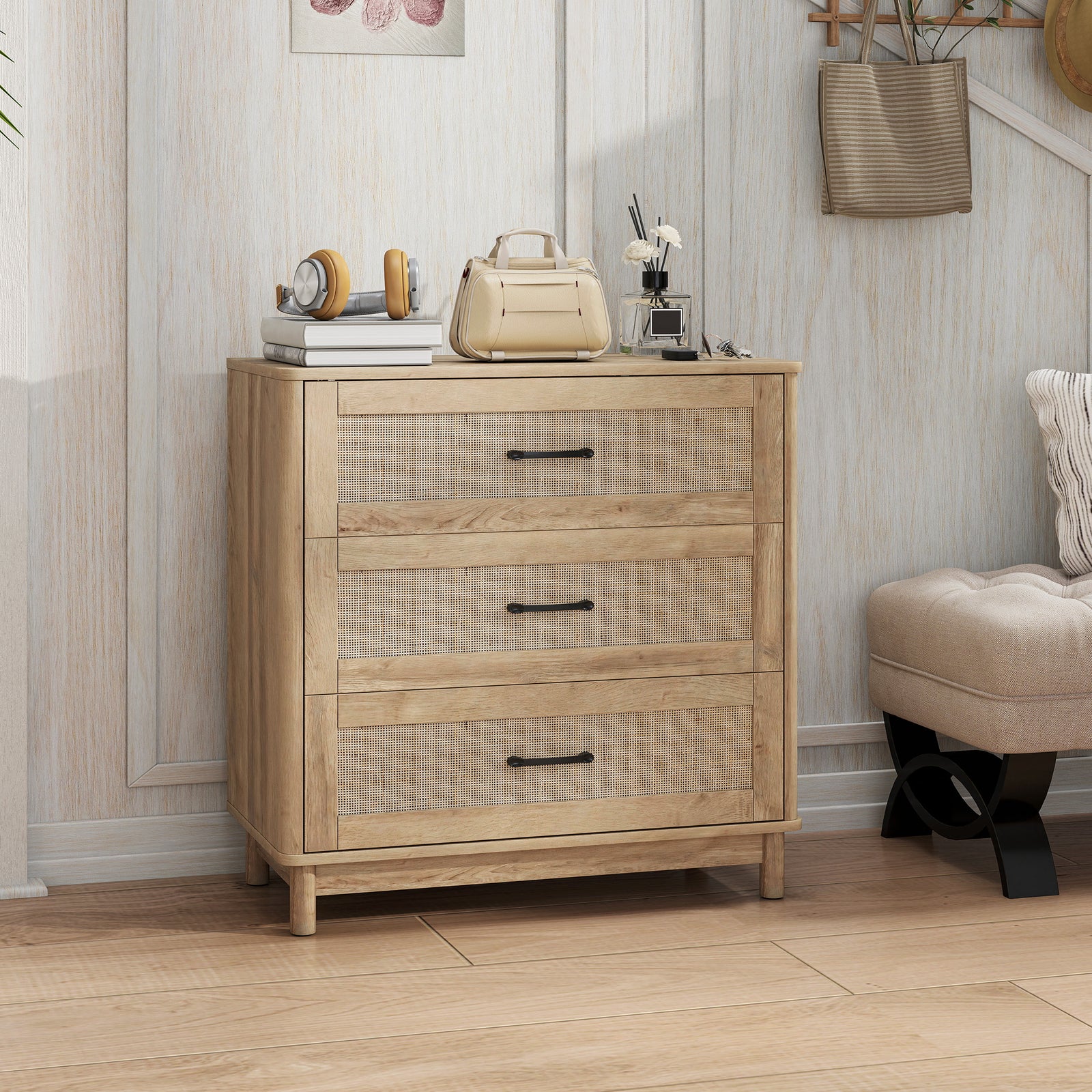 HOMCOM 3 Drawer Chest Of Drawers, Wide Storage Unit For Living Room, Oak