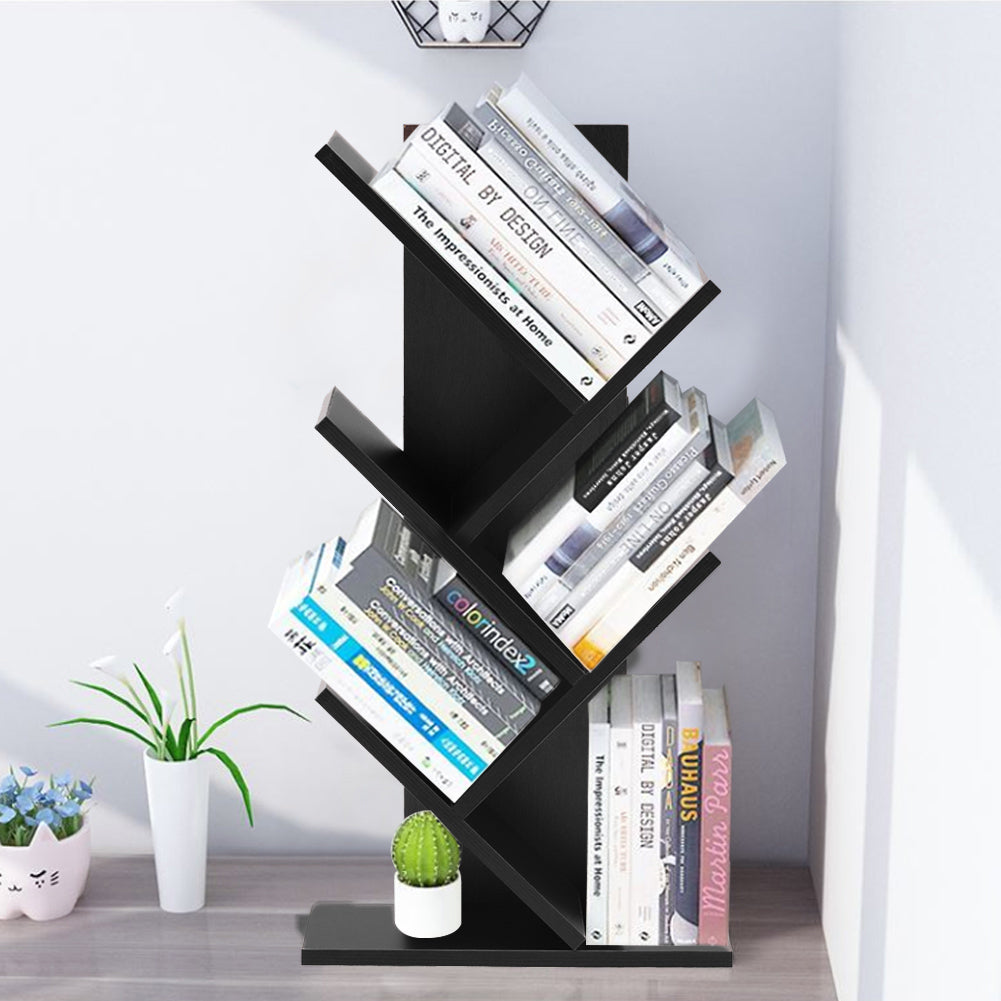 Rustic Standing Tree Bookshelf Wood Display Rack | Black