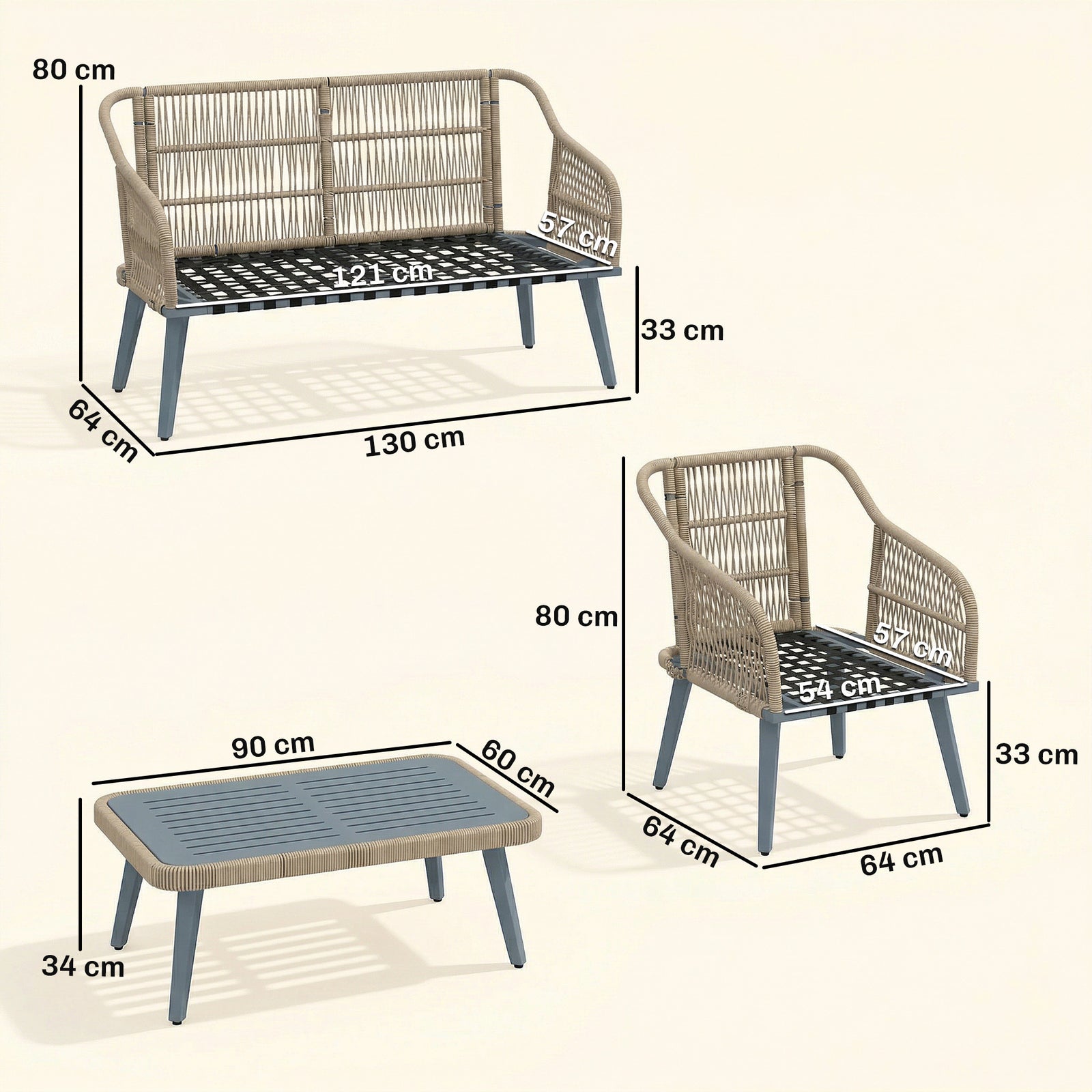 4 Piece Rattan Garden Furniture Set W/ Thick Cushions | Grey