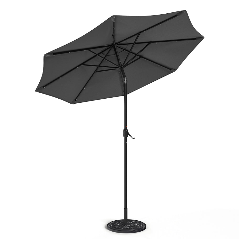 3m Outdoor Patio Parasol – Solar-powered Umbrella With 24 Led Lights, Tilt & Crank Handle, With Cement Base | One Size | Dark Grey