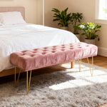 Button Tufted Velvet Upholstered Bench With Gold Hairpin Legs