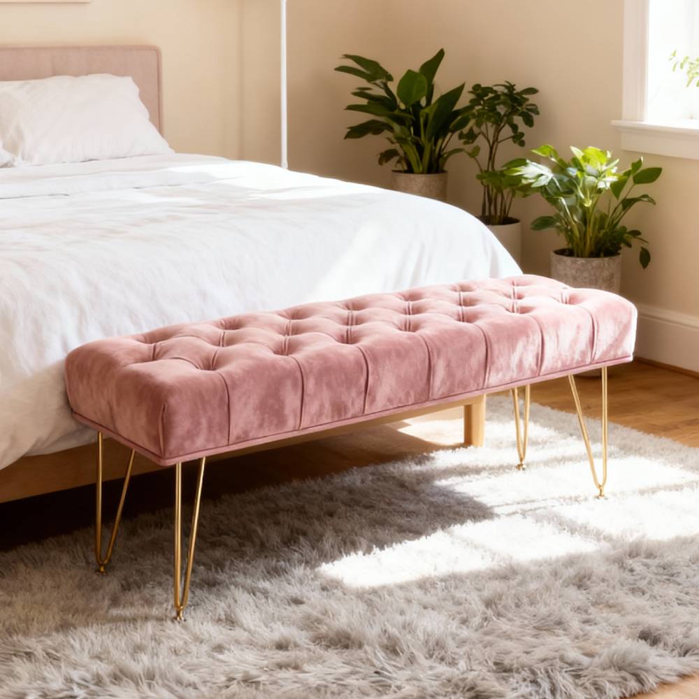 Button Tufted Velvet Upholstered Bench With Gold Hairpin Legs