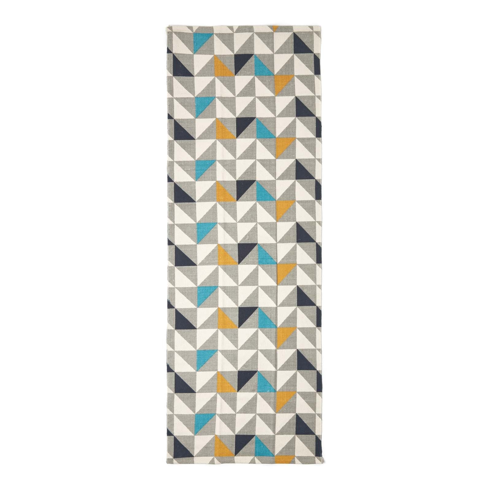 Copenhagen Blue, Yellow And Grey 100% Cotton Geometric Style Scandi Printed Rug | 200cm | Grey & White