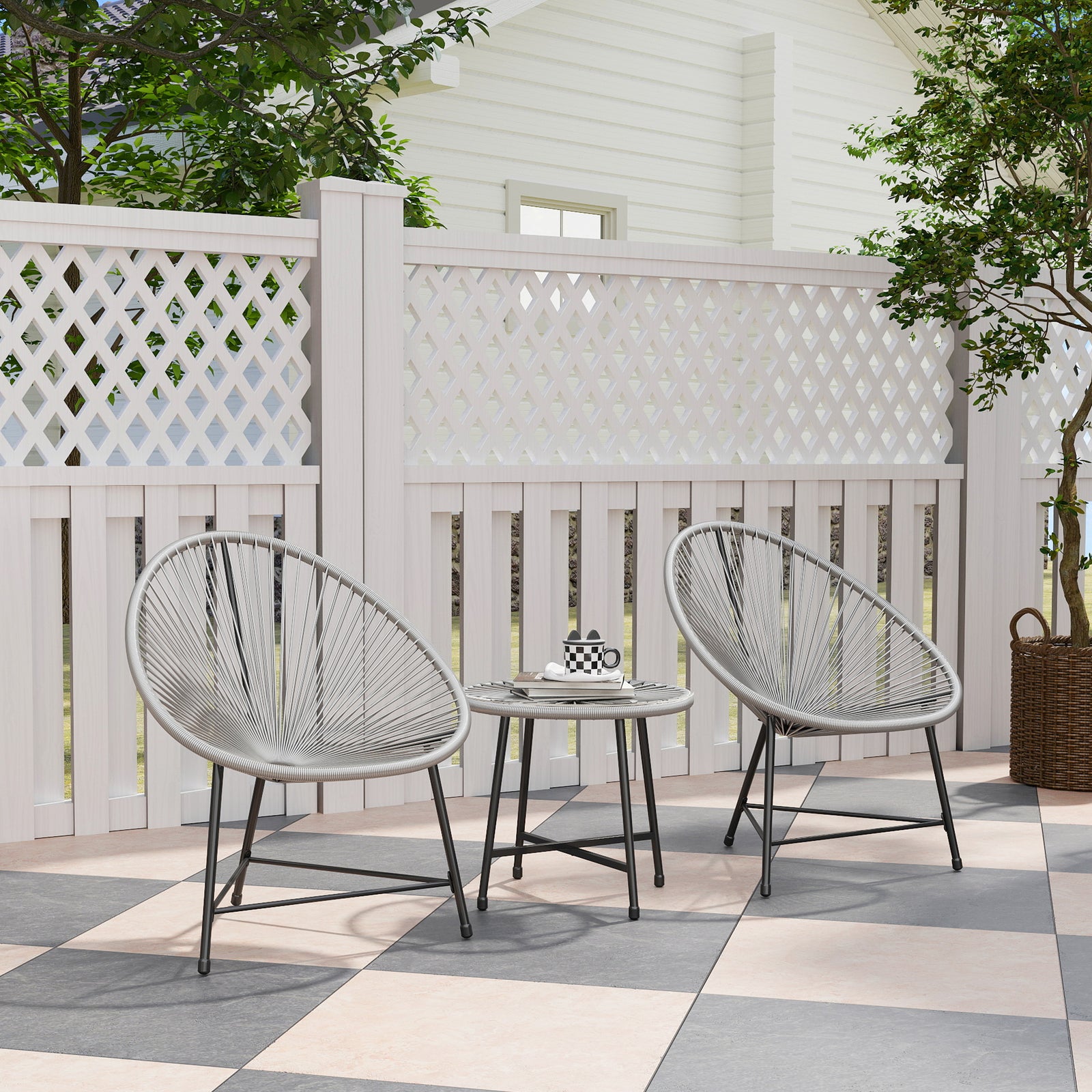 Rattan Bistro Set, Cushioned Acapulco Chairs, Glass Table | Gray