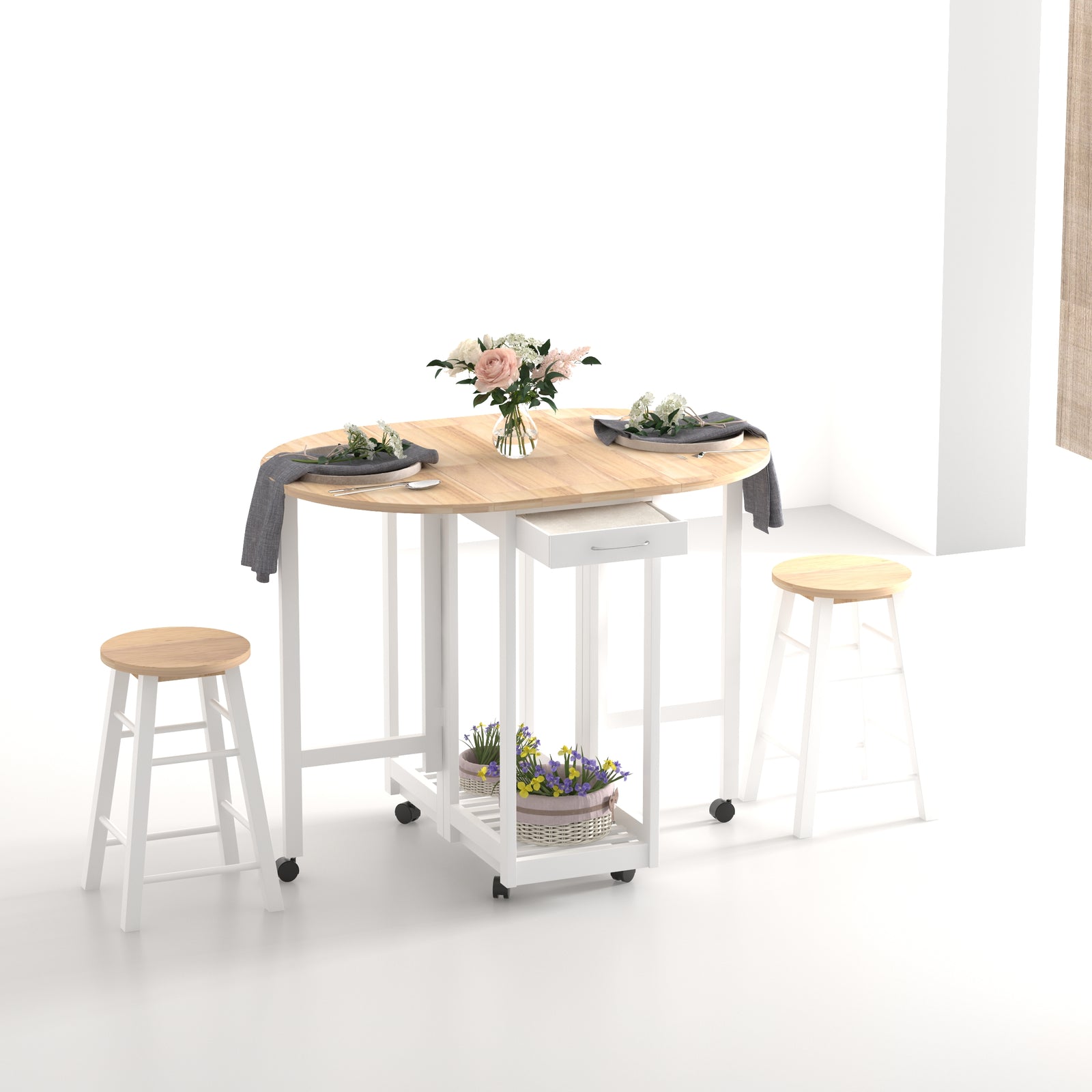 3pc Wooden Kitchen Cart, Folding Stools