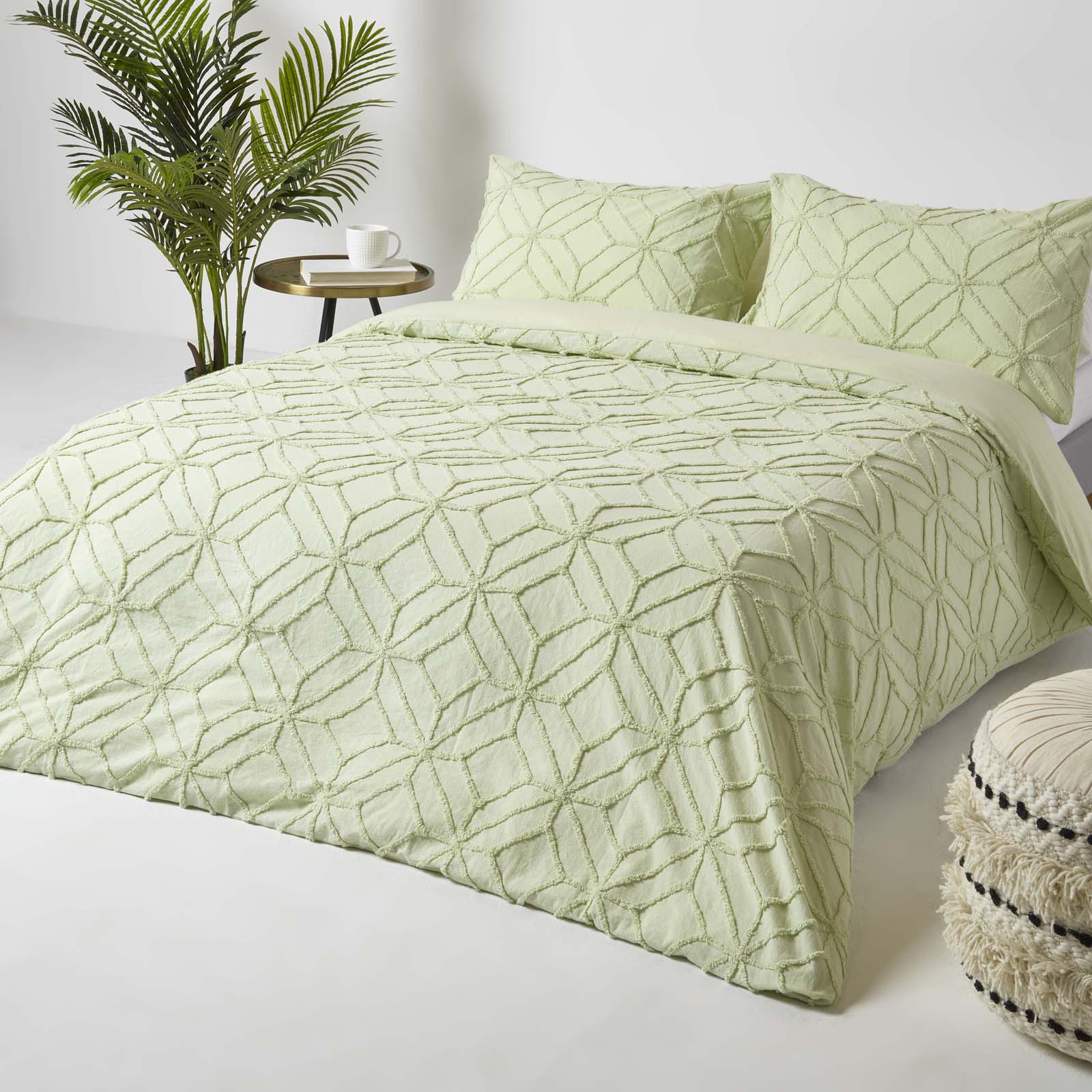 Diamond Cotton Tufted Duvet Cover Set | Double | Sage Green