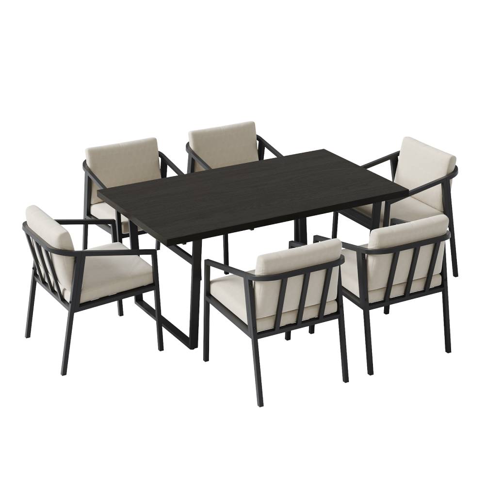 Breeins 7 Pieces Garden Dining Set 160cm Rectangular Garden Table And Chairs Wood Grain Tabletop 6pcs Armchairs With Seat Pads Cushion Outdoor Patio Furniture Set