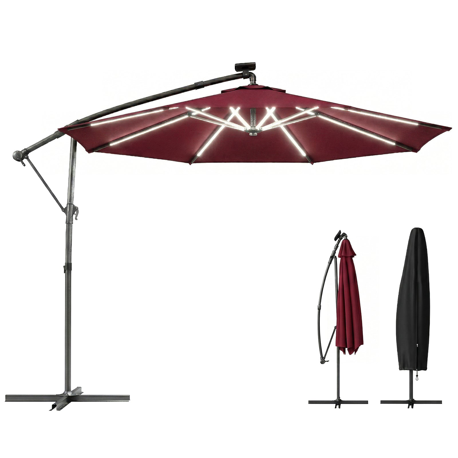 3 M Garden Cantilever Parasol With Solar Light, Rotation | Red