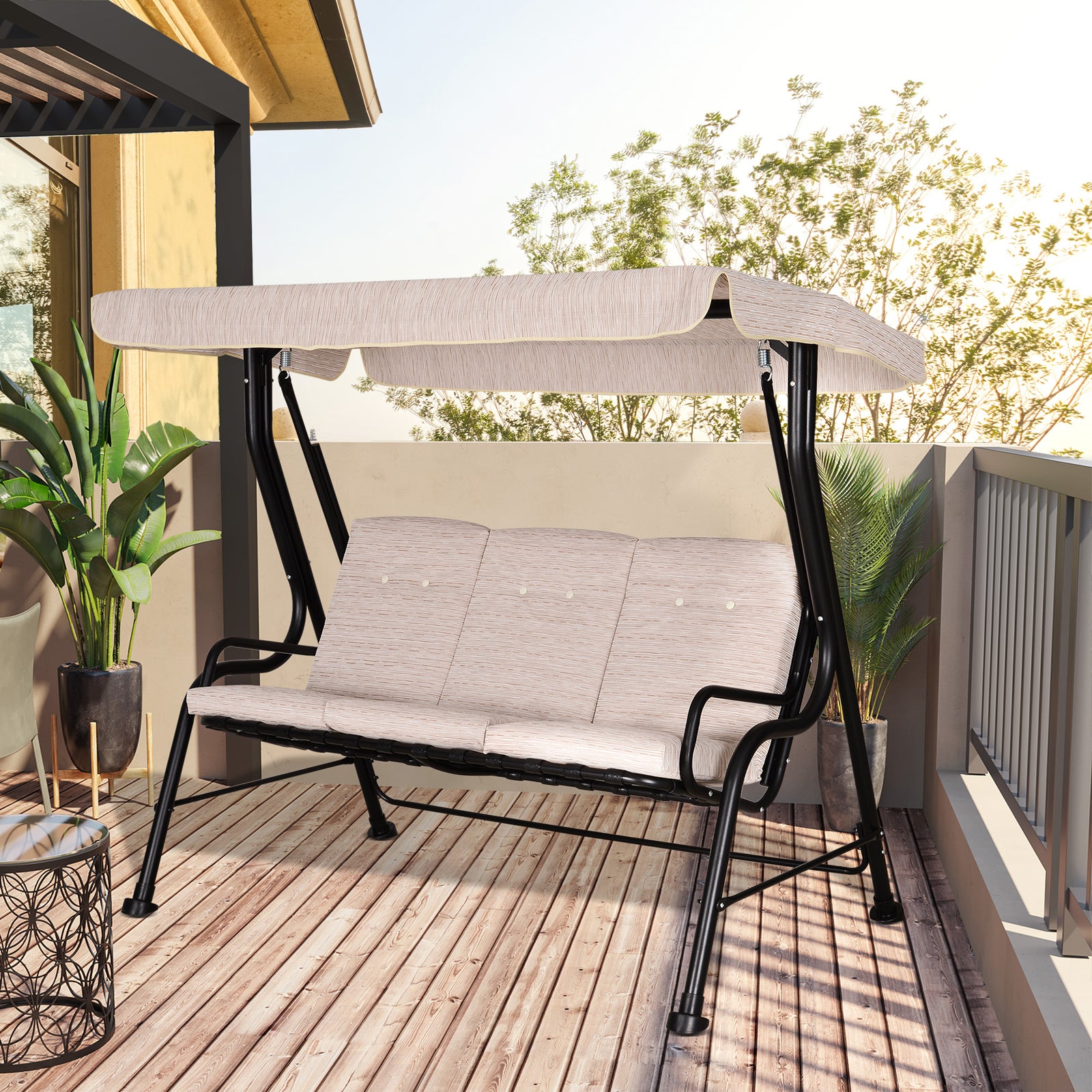 Outdoor 3-person Garden Metal Padded Porch Swing Chair Bench | Beige