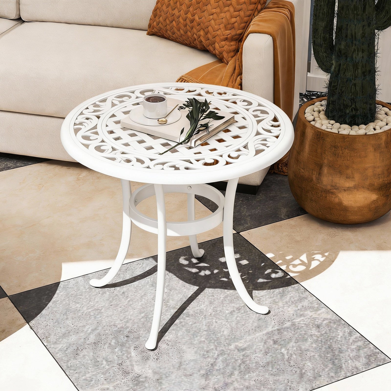 Outsunny 60cm Round Garden Table With Cast Aluminium Frame, White