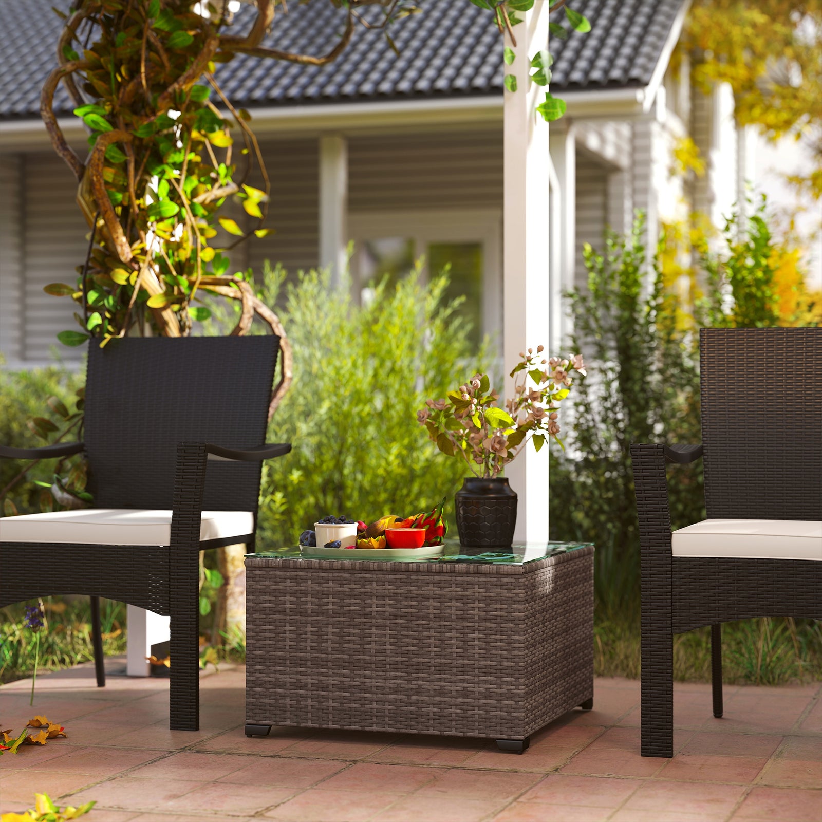 Outdoor Coffee Table W/ Glass Top, Rattan Side Table | Black