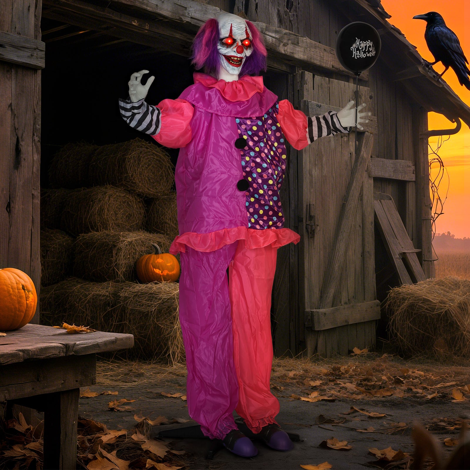 Sound Activated Halloween Animatronics Clown With Red Light Up Eyes
