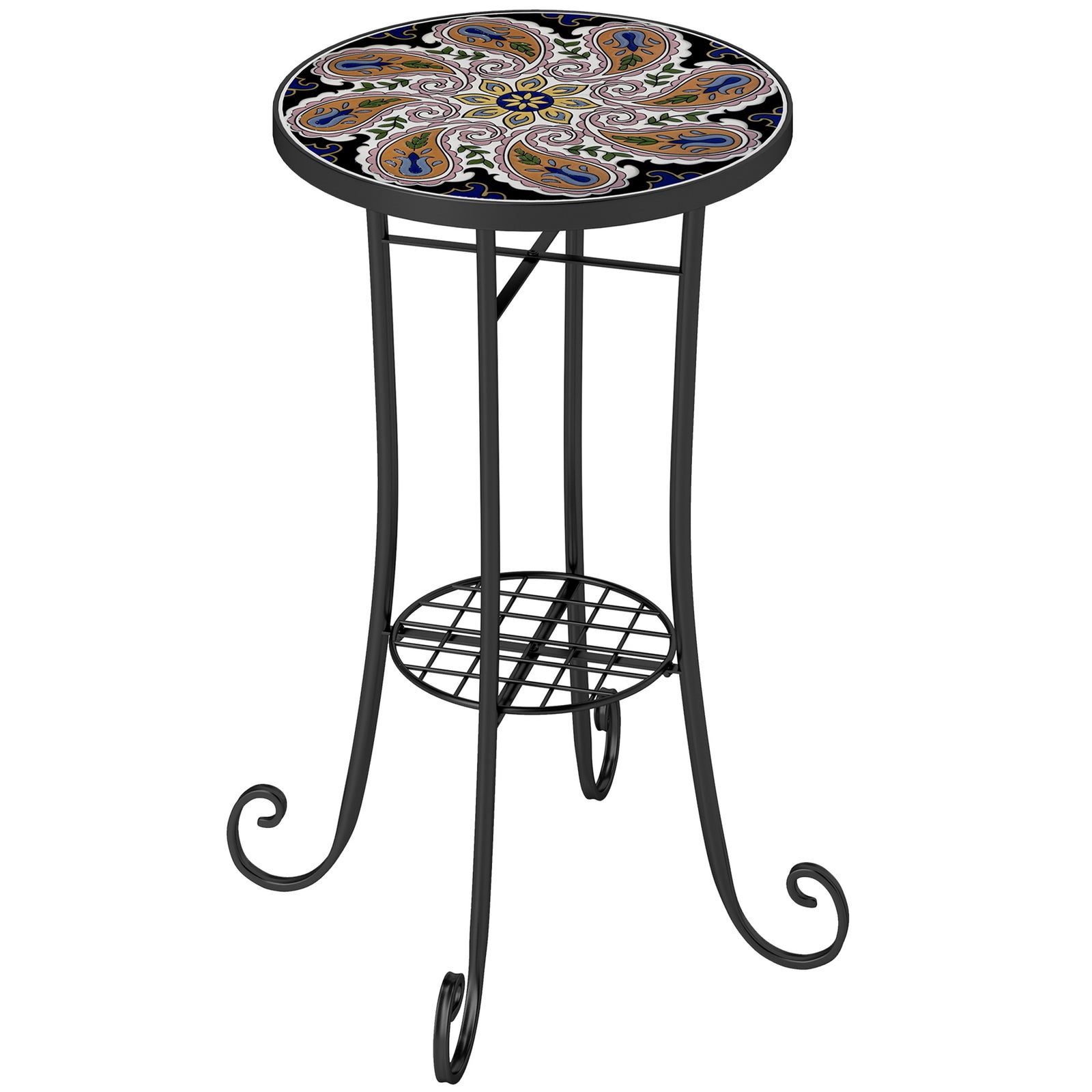 35.5cm Round Mosaic Garden Side Table Plant Stand W/ Shelf | Orange