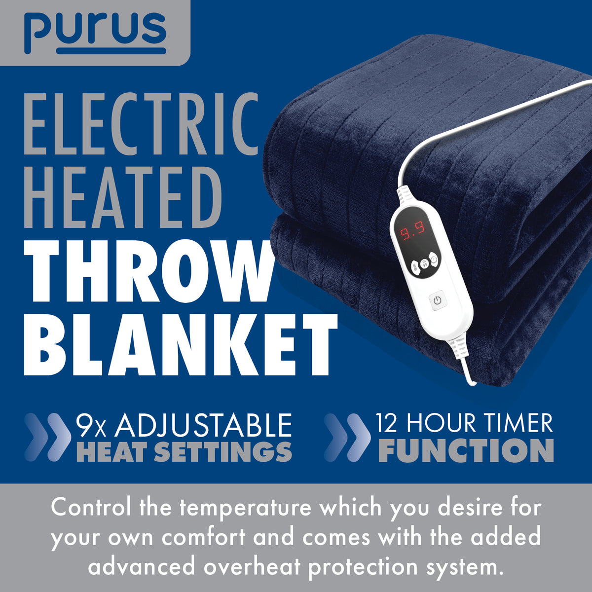 Deluxe Electric Throw Heated Double Over Blanket Soft Fleece 9 Heat & 12 Timer Settings | L | Navy Blue