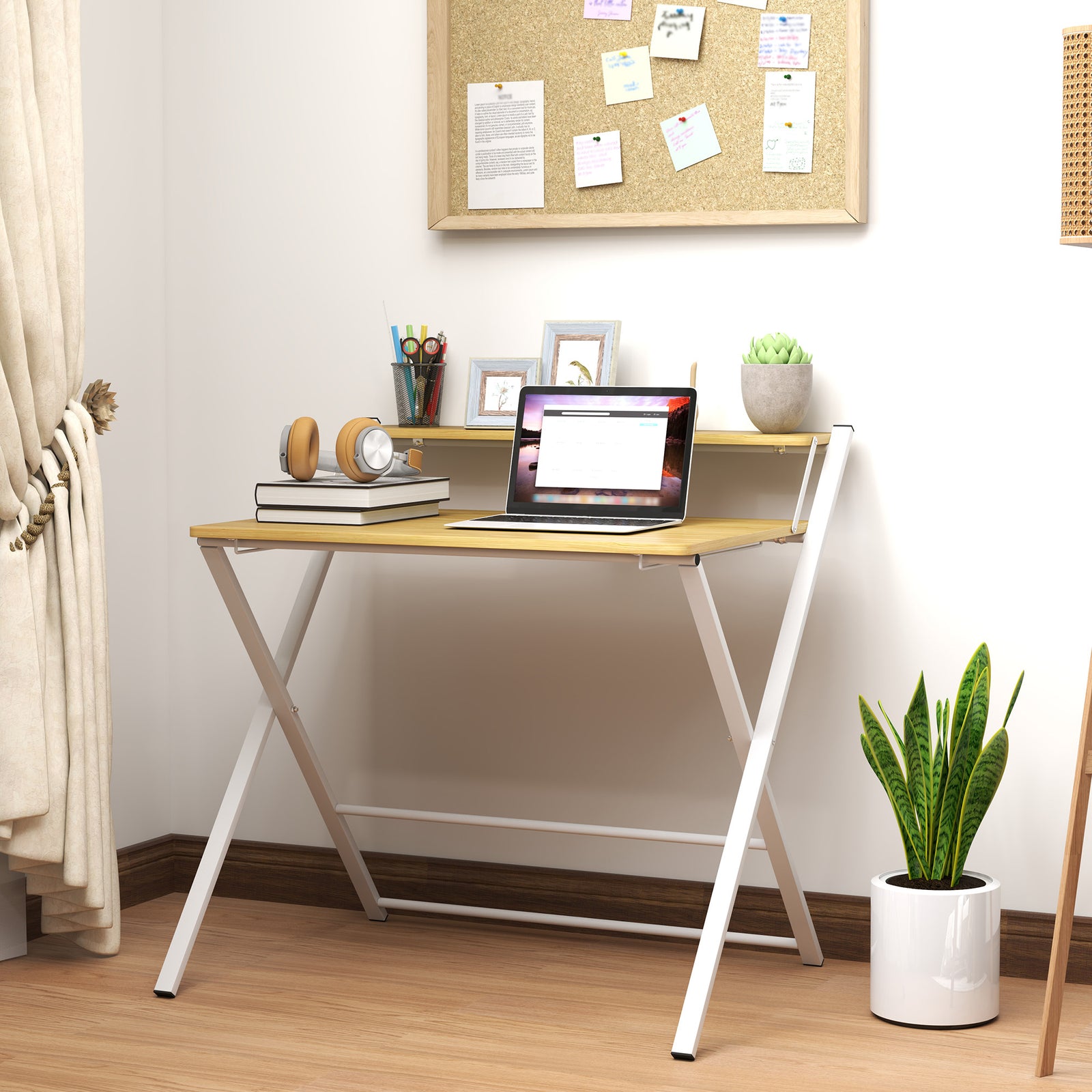 Folding Desk With 2-tier Shelf Home Office Maple Wood-effect