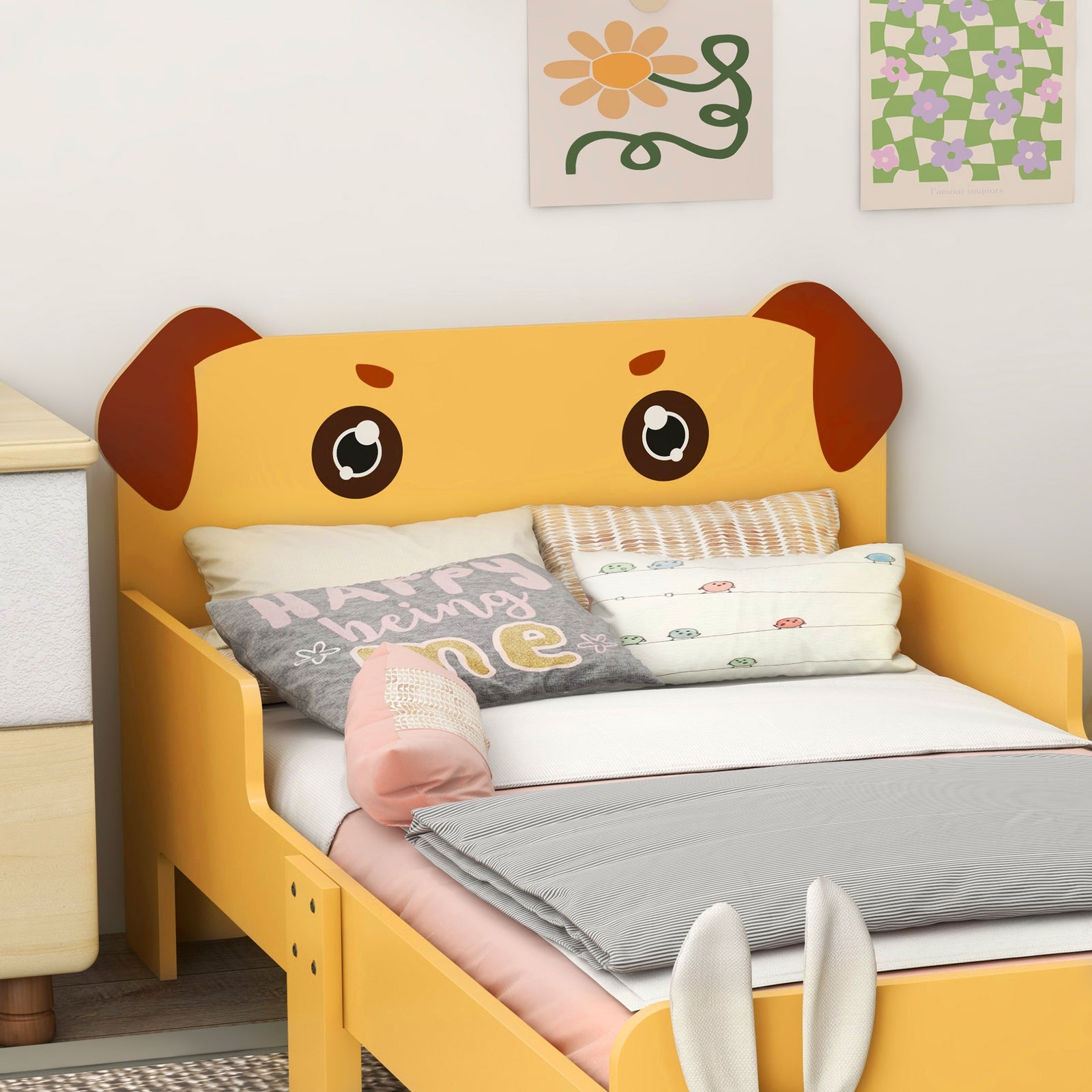 Toddler Bed Frame, Puppy-themed Design, 143 X 74 X 58cm - Yellow | Yellow
