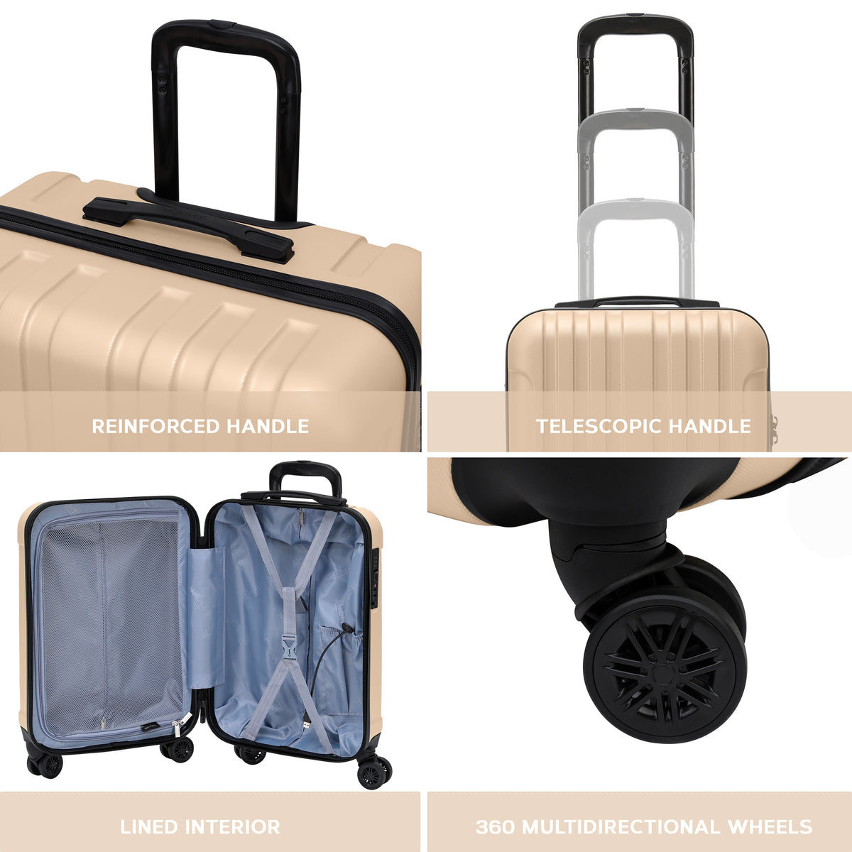 Set Of 3 Hard Shell Suitcases Overhead Carry On Cabin Bag & Check In 20kg+ Medium And Large Bag. | Set of 3 | Champagne