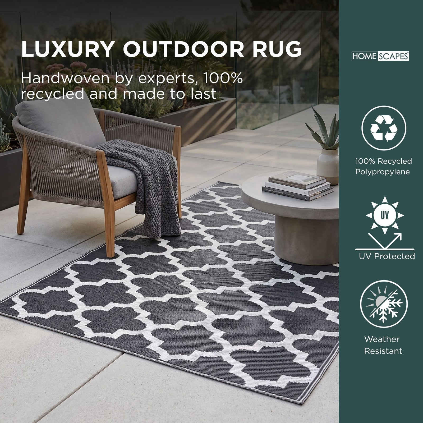 Luxury Outdoor Rug Waterproof Reversible For Garden Patio 100% Recycled, Black Nola Geometric | 120cm x 180cm | Black