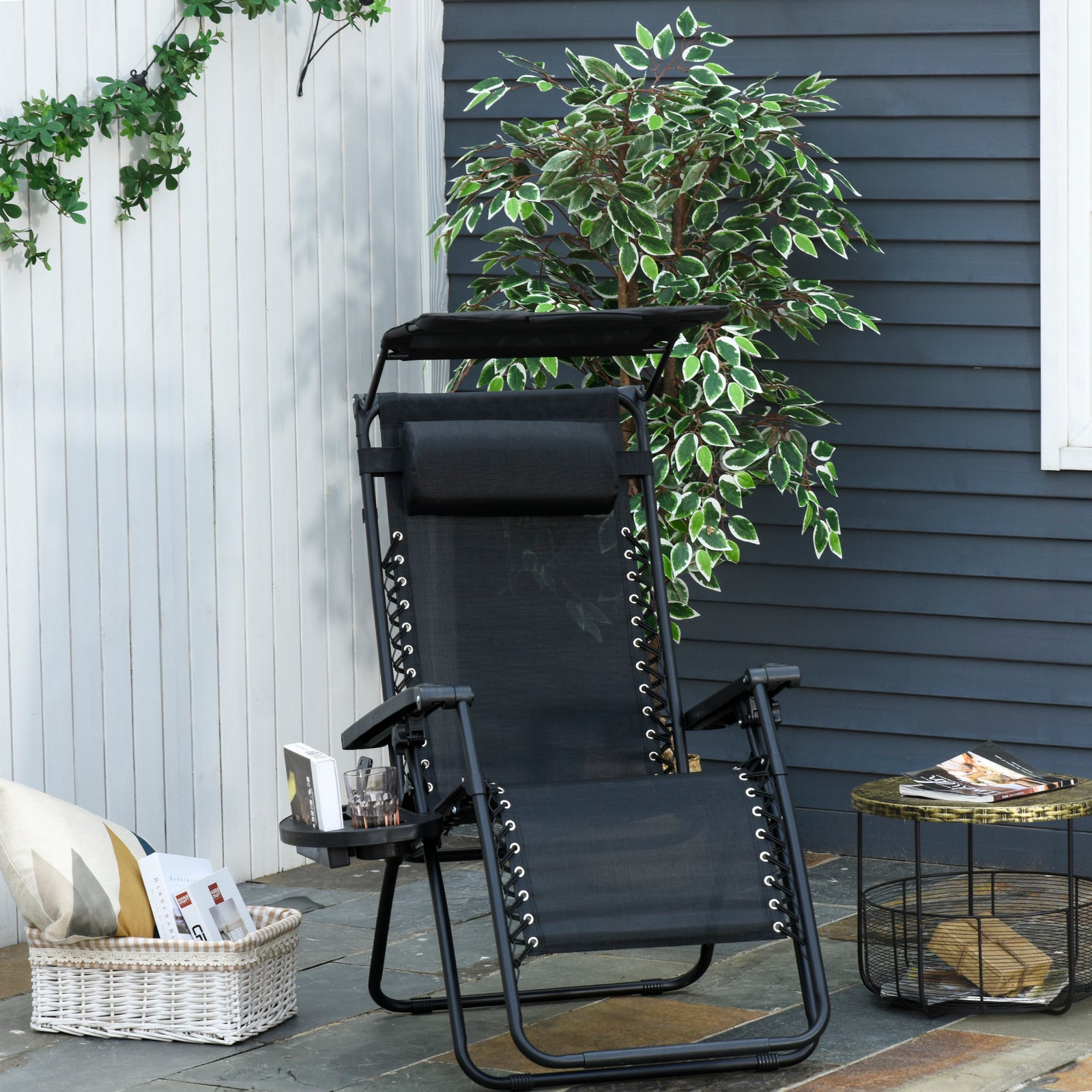 Zero Gravity Chair Adjustable Patio Lounge W/ Cup Holder | Black
