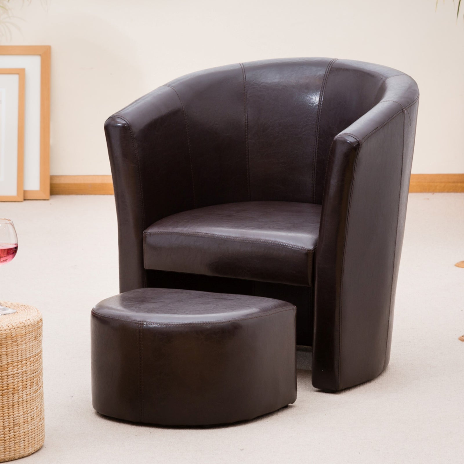 Halewood 70cm Wide Pu Vegan Leather Accent Tub Chair With Integrated Footstool | Brown