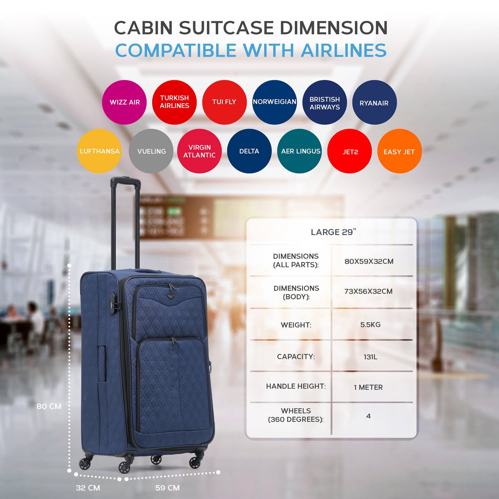 Large  29.5" Lightweight 4 Wheel 800d Soft Case Quilted Suitcases Set Of 3 Anti Crack - Cabin & Hold Luggage 100+ Airlines Approved | Large | Navy Blue