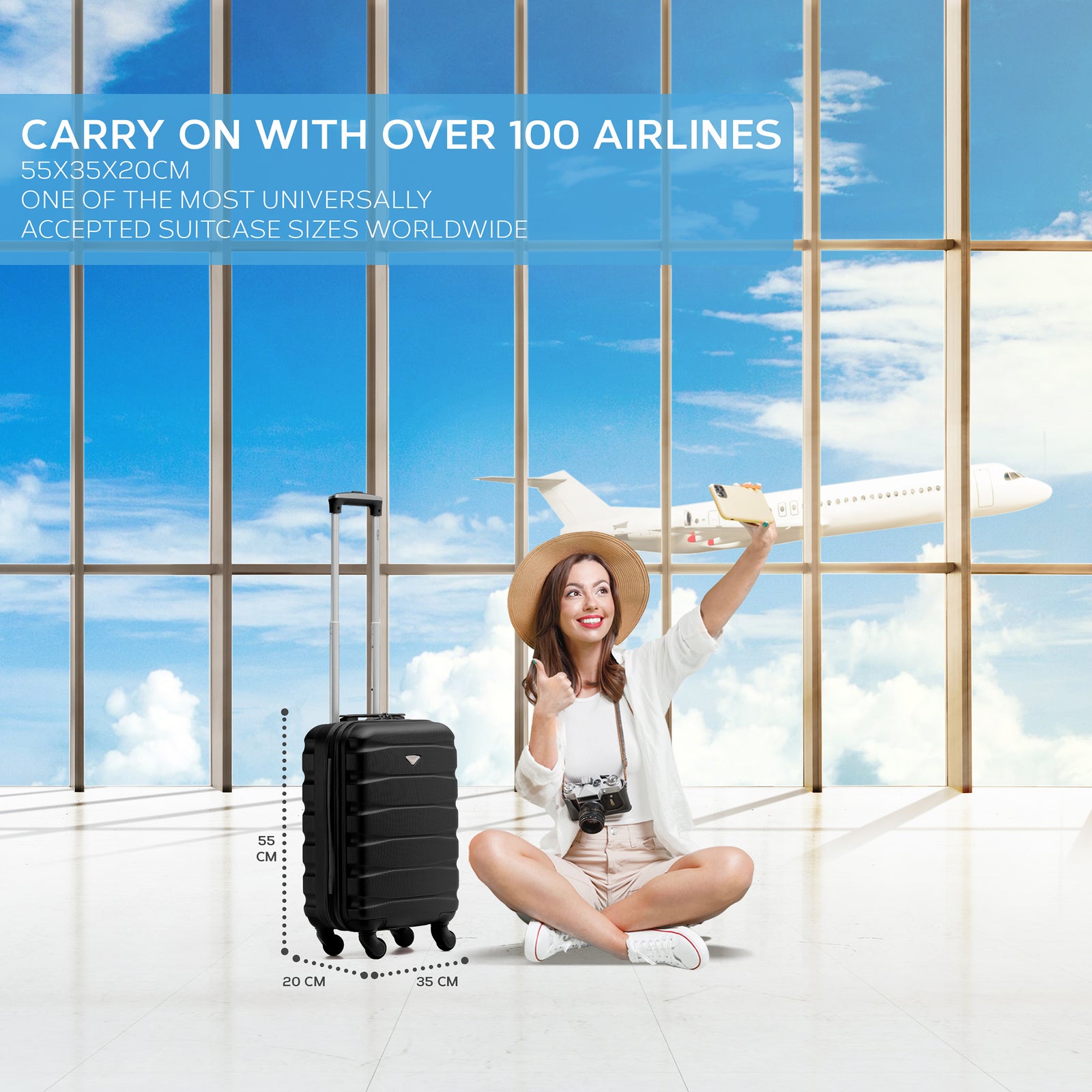 55x35x20cm Cabin Carry On Suitcase Hard Shell Overhead Luggage 100+ Airlines Approved | Cabin | Black