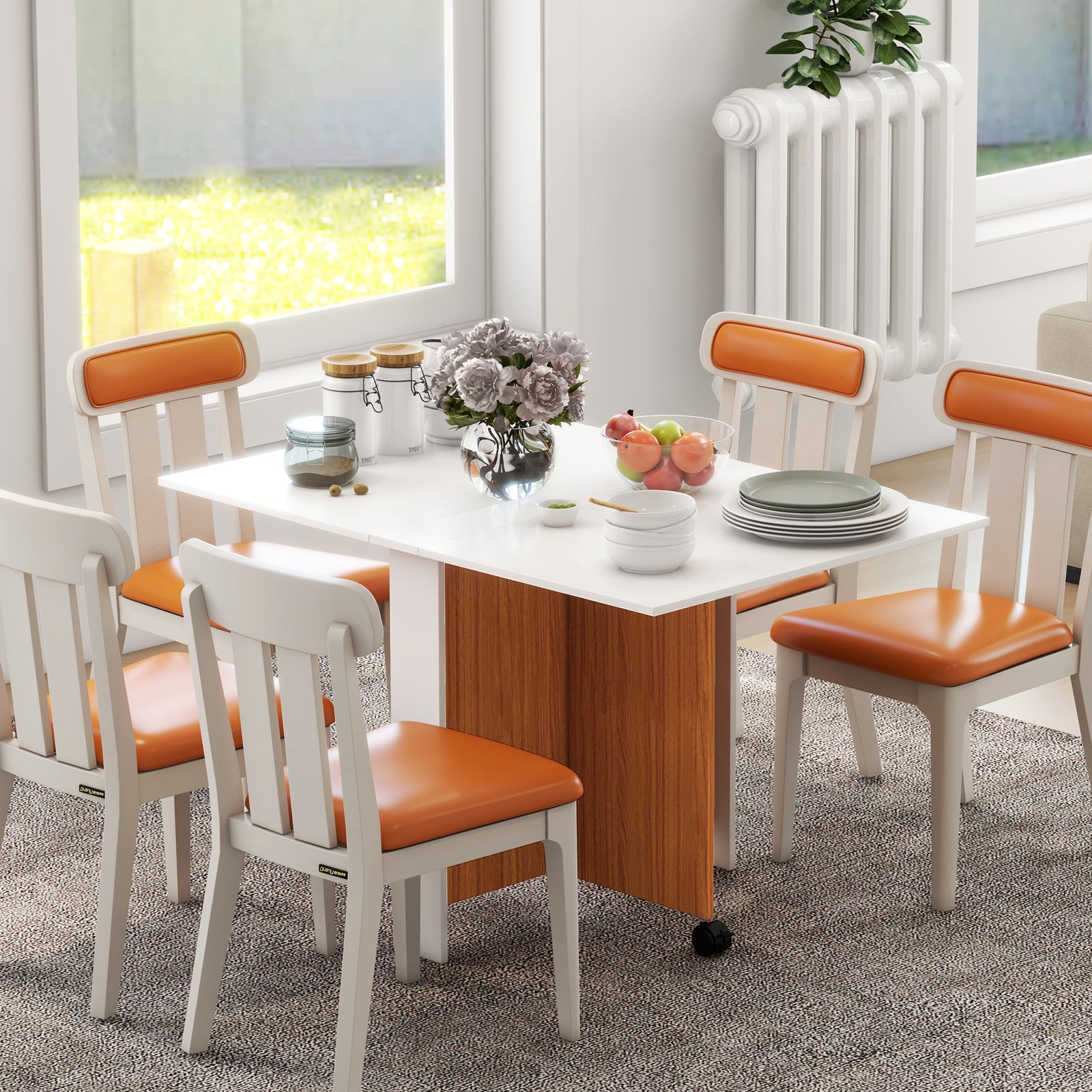 Folding Dining Table, Mobile Desk, Casters, Teak
