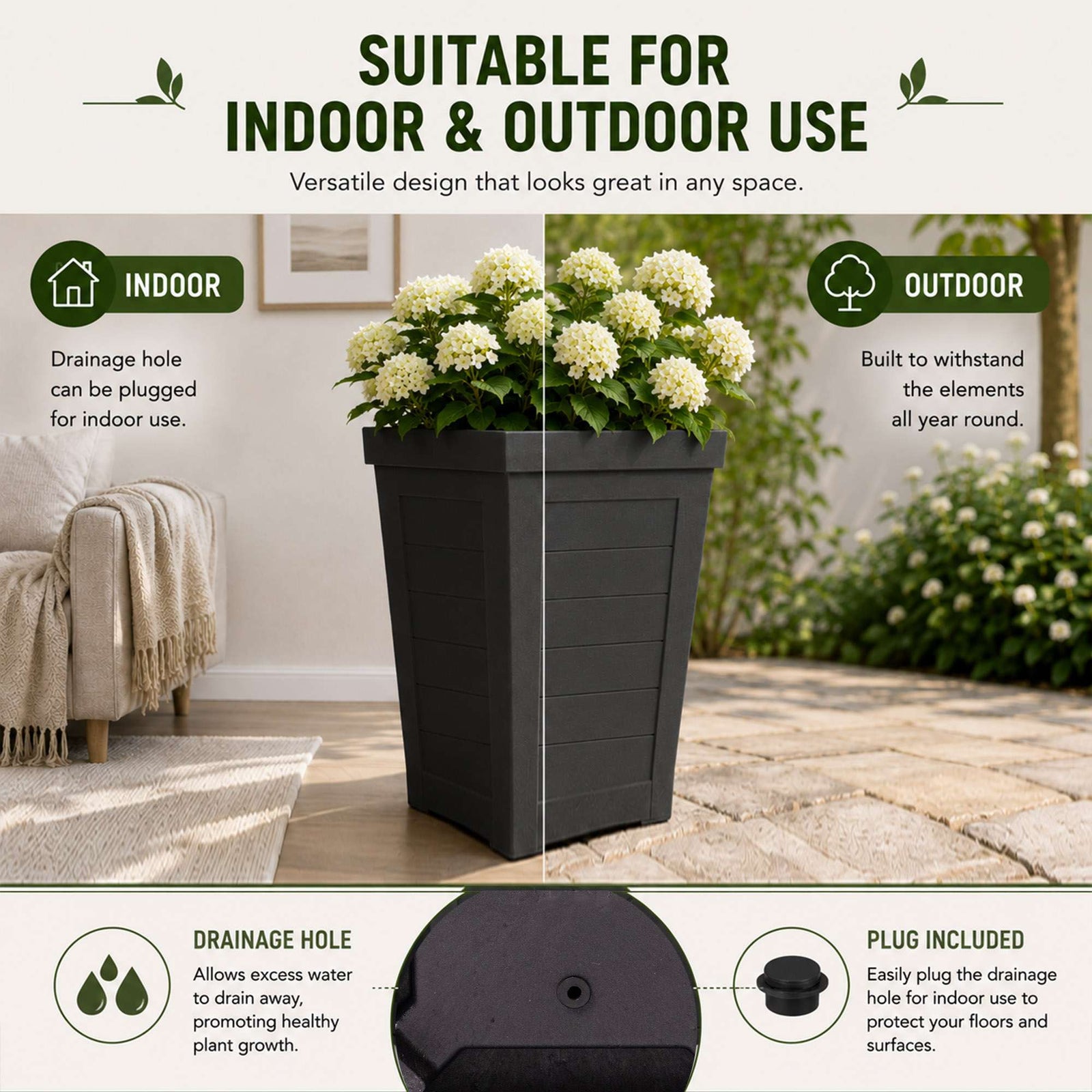 57cm Tall Plank Effect Black Rubber Planters - Indoor Outdoor Planter | Set-of-2