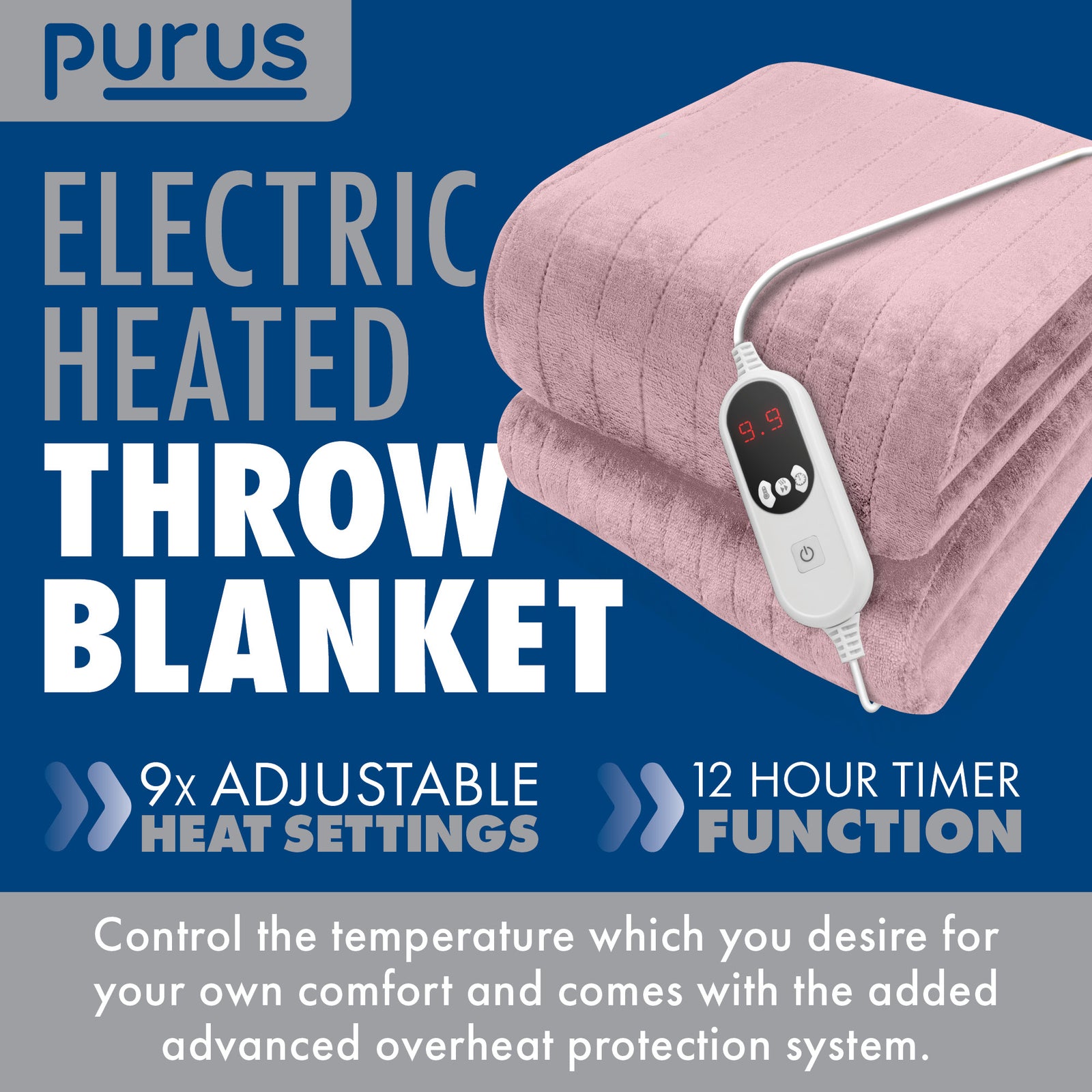 Deluxe Xl Electric Throw Heated Double Over Electric Blanket Soft Fleece 9 Heat & 12 Timer Settings | XL | Pink