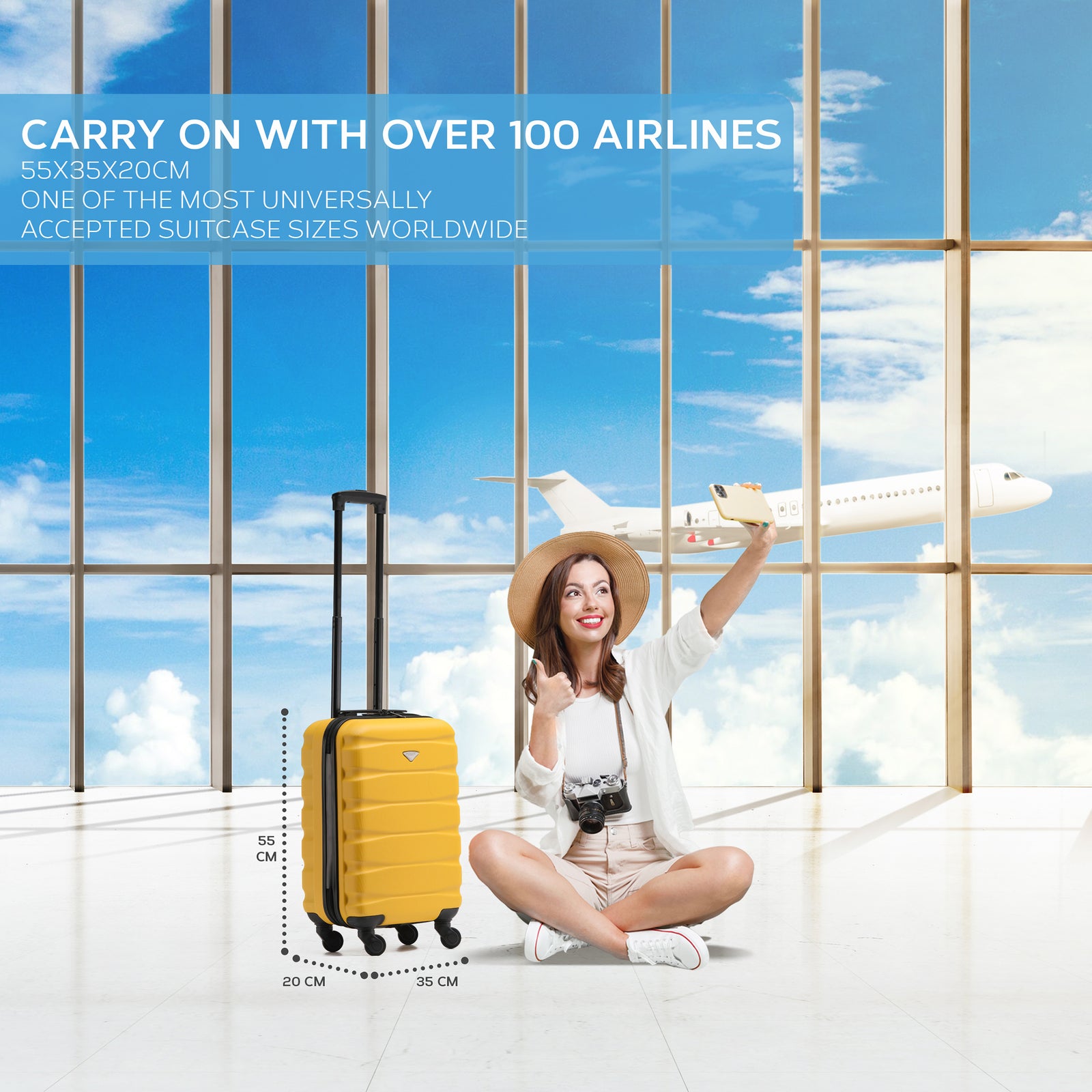 55x35x20cm Cabin Carry On Suitcase Hard Shell Overhead Luggage 100+ Airlines Approved | Cabin | Yellow & Black