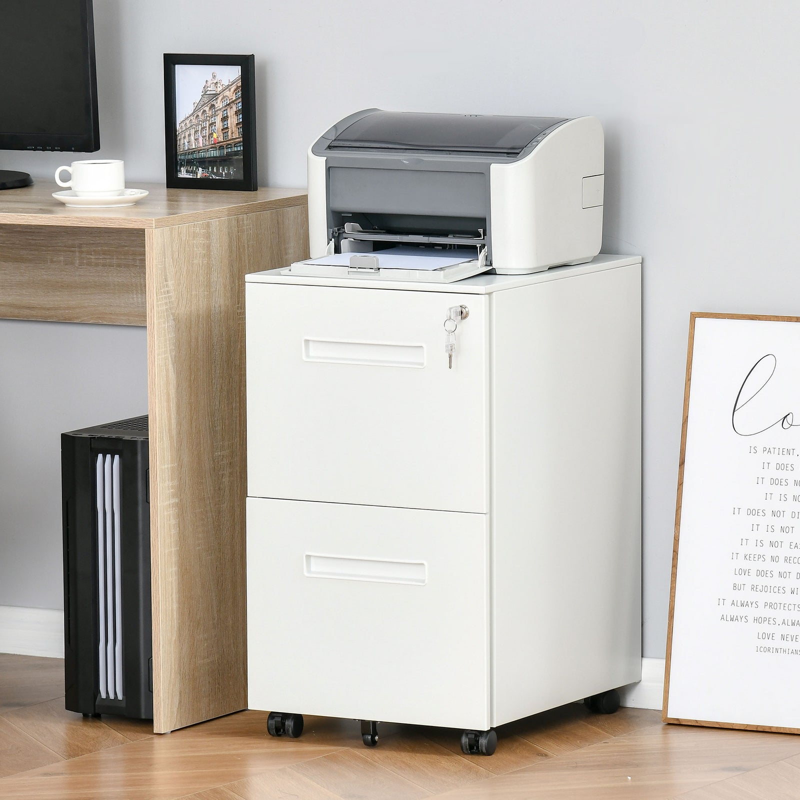 Mobile Lockable File Cabinet With Hanging File Folder | One Size | White