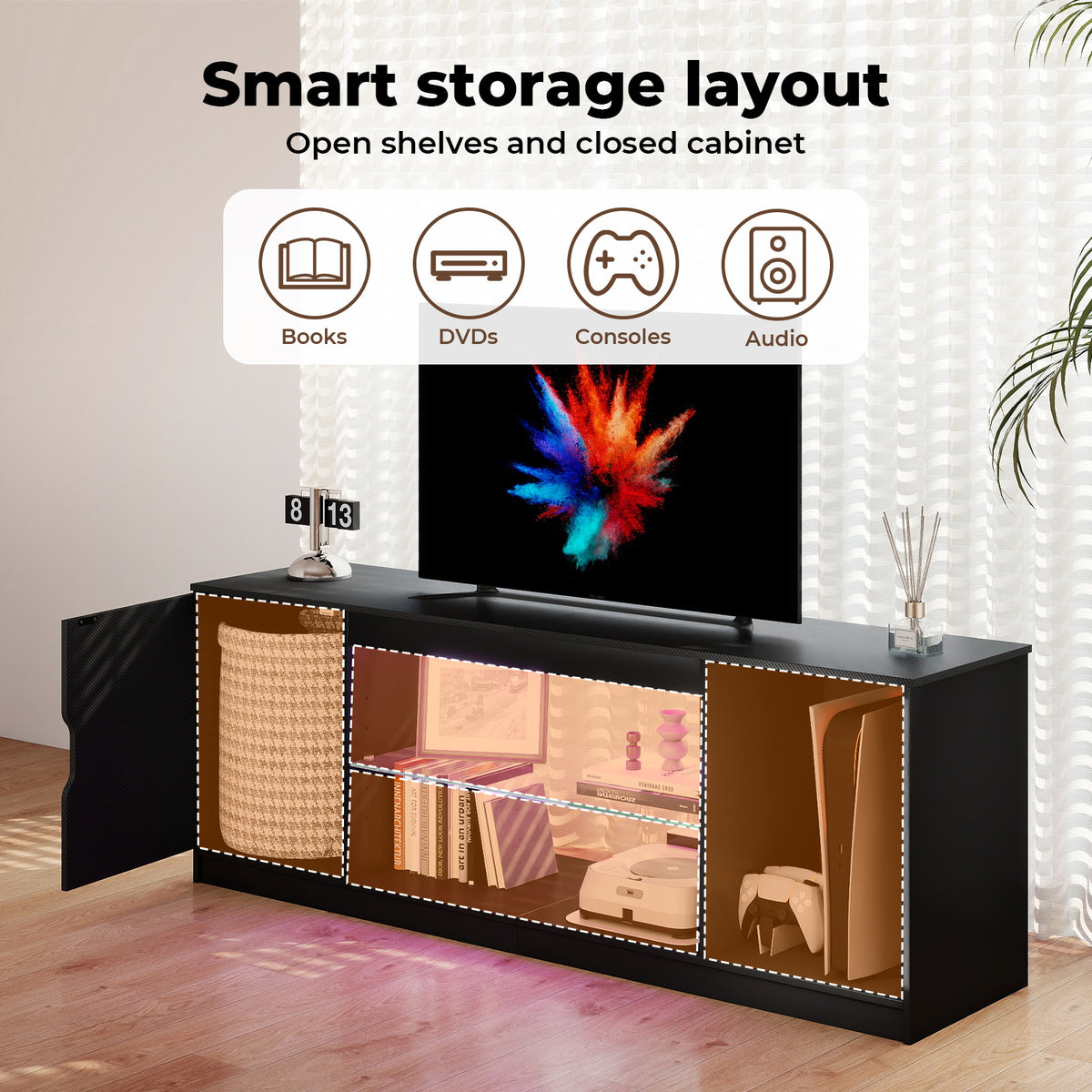 Tv Stand Entertainment Unit Tv Cabinet Stand Storage With Led 140cm Black | Black