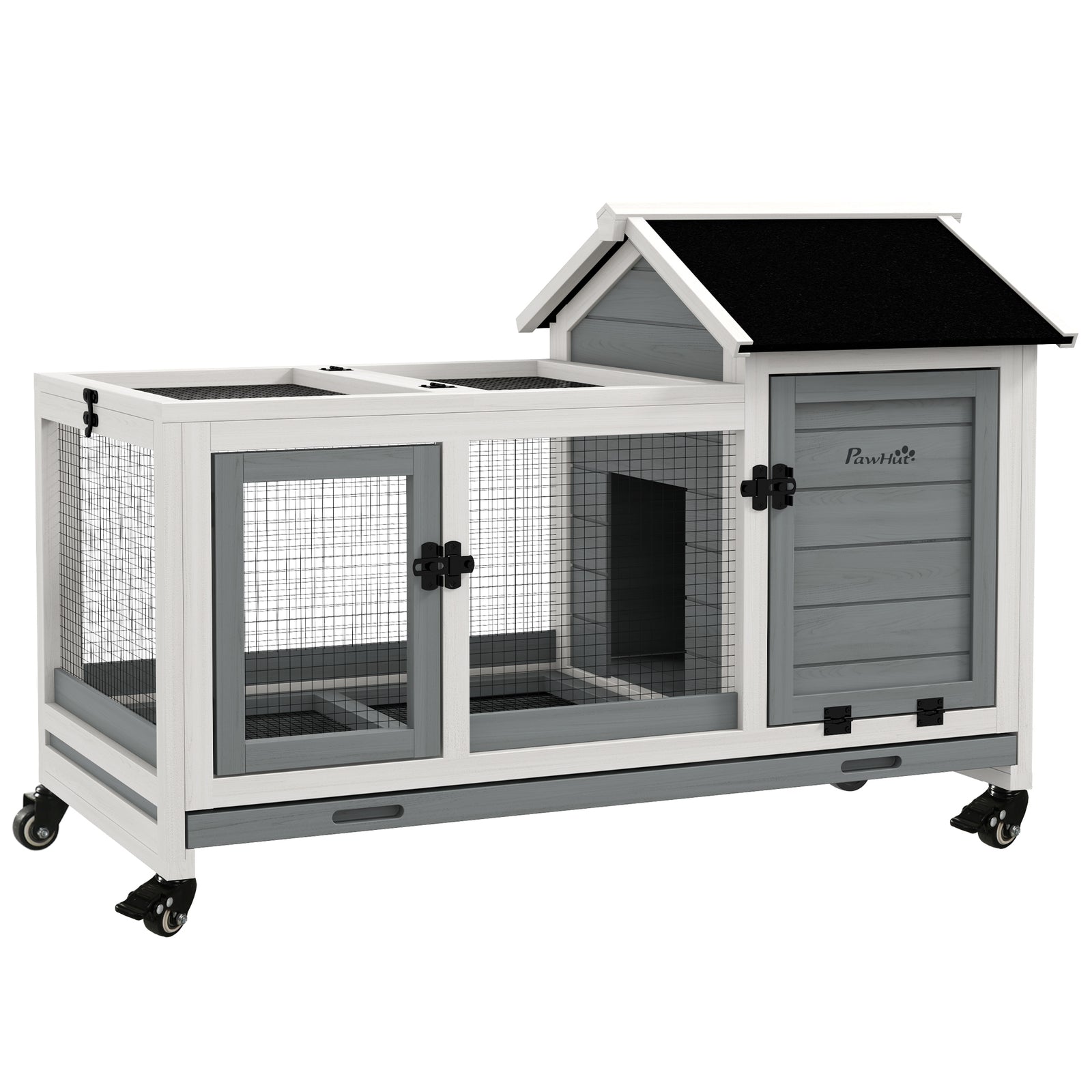 Wooden Rabbit Hutch, Small Animal  House W/ Wheels, Removable Tray | Gray