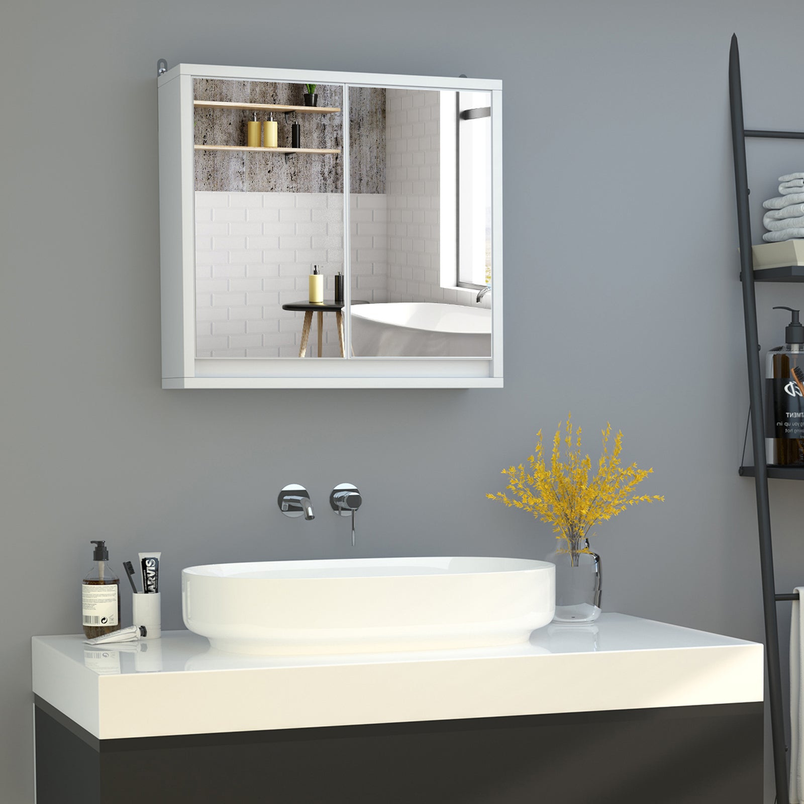 Wall Mounted Mirror Cabinet With Storage Shelf Bathroom | One Size | White
