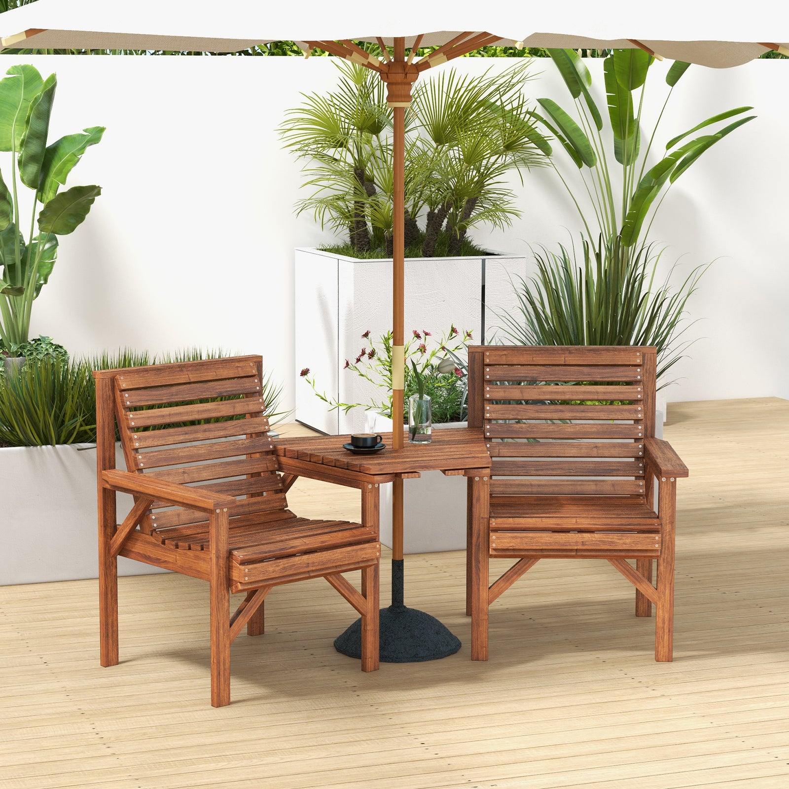 Wooden Garden Love Seat With Coffee Table Partner Bench | Tan