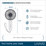 Handheld Mini Fan - 3 Speed Settings Rechargeable Type-c Usb | White