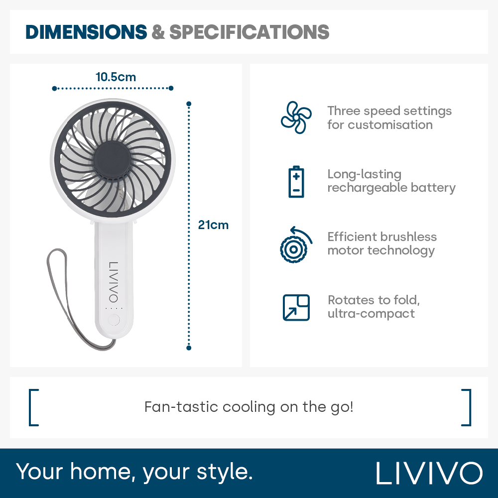 Handheld Mini Fan - 3 Speed Settings Rechargeable Type-c Usb | White