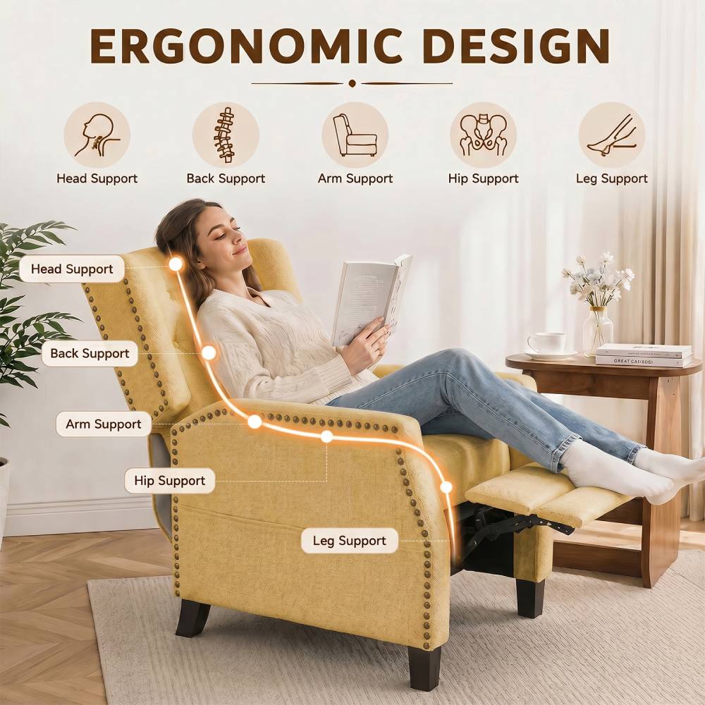 Fabric Upholstered Sofa Pushback Reclining Chair Armchair With Footstool | Yellow