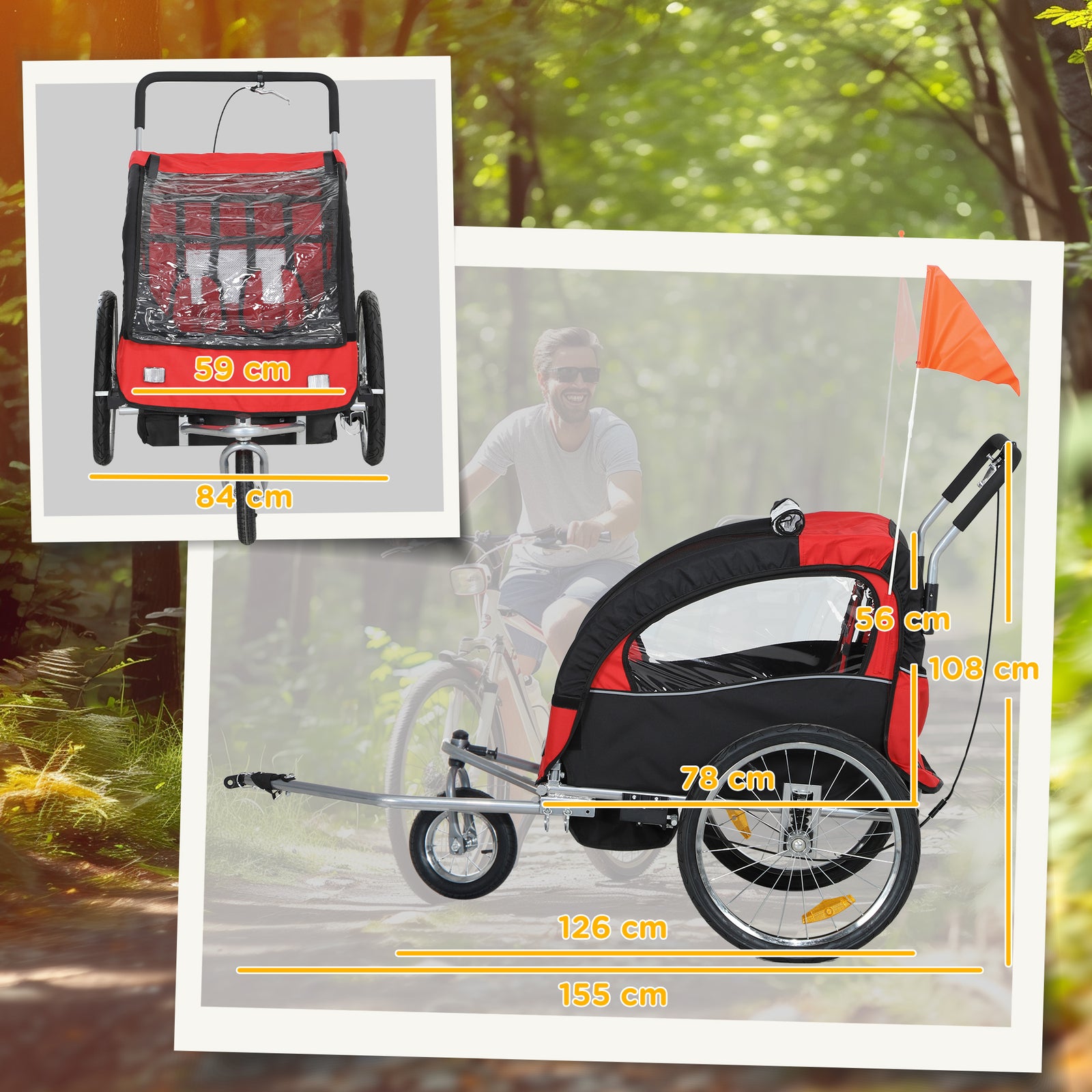 2 Seat Bike Trailer With 5 Point Harness, Safety Flag, Reflectors | Red