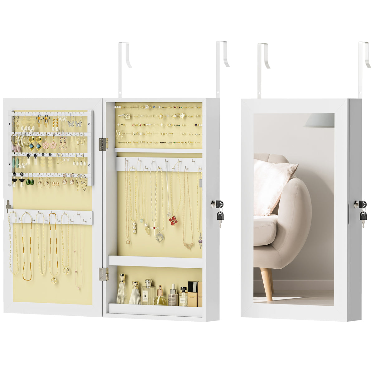 HOMCOM Jewelry Cabinet, Wall-mounted Storage Cabinet With Mirror