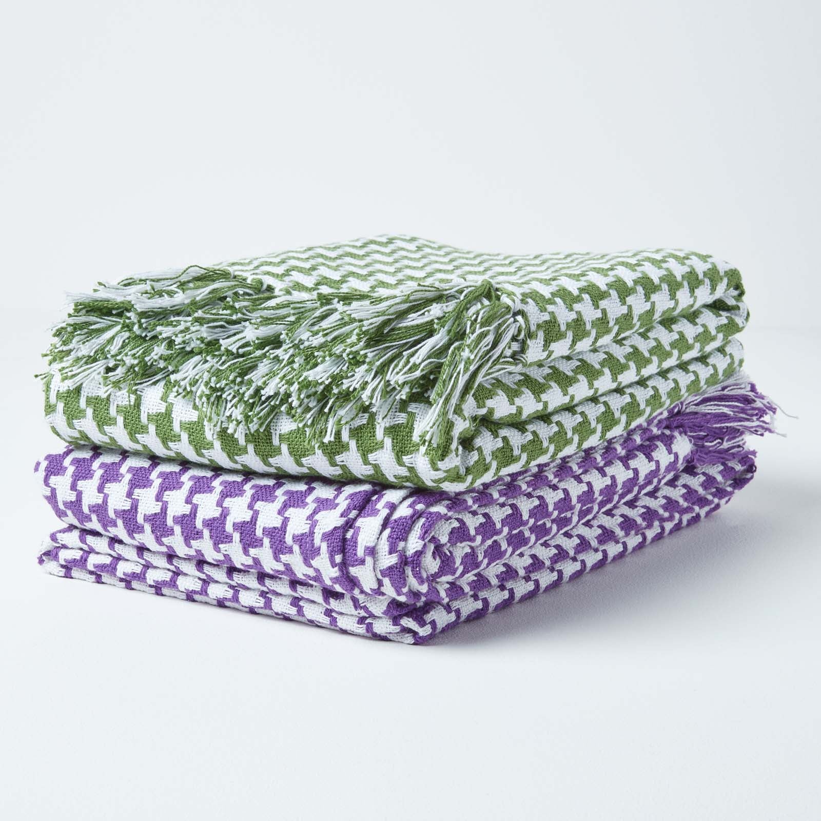 Houndstooth Design 100% Cotton Bedspread Throw | 225cm x 255cm | Purple