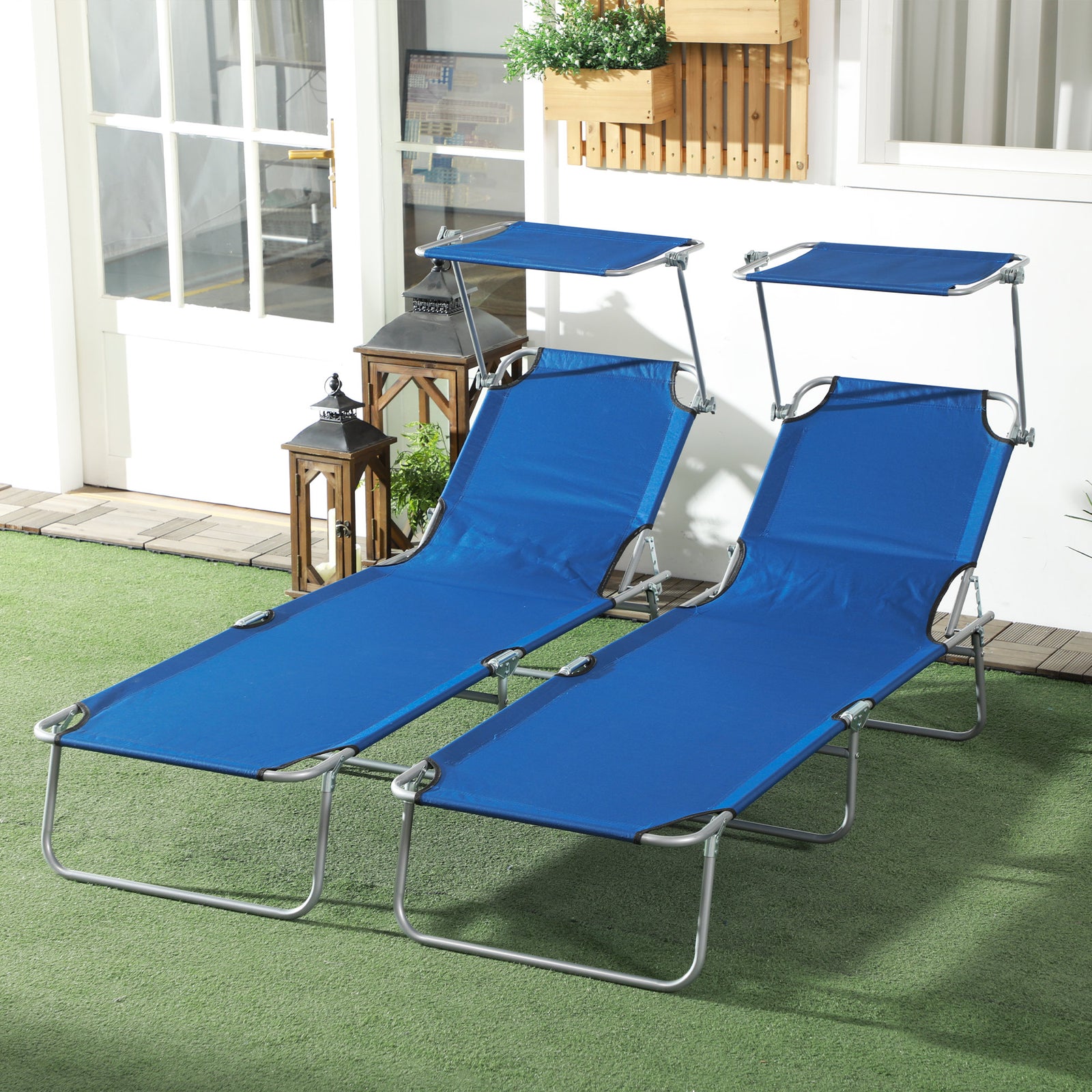 Reclining Sun Lounger Folding Recliner Garden Chair | Set-of-2 | Blue