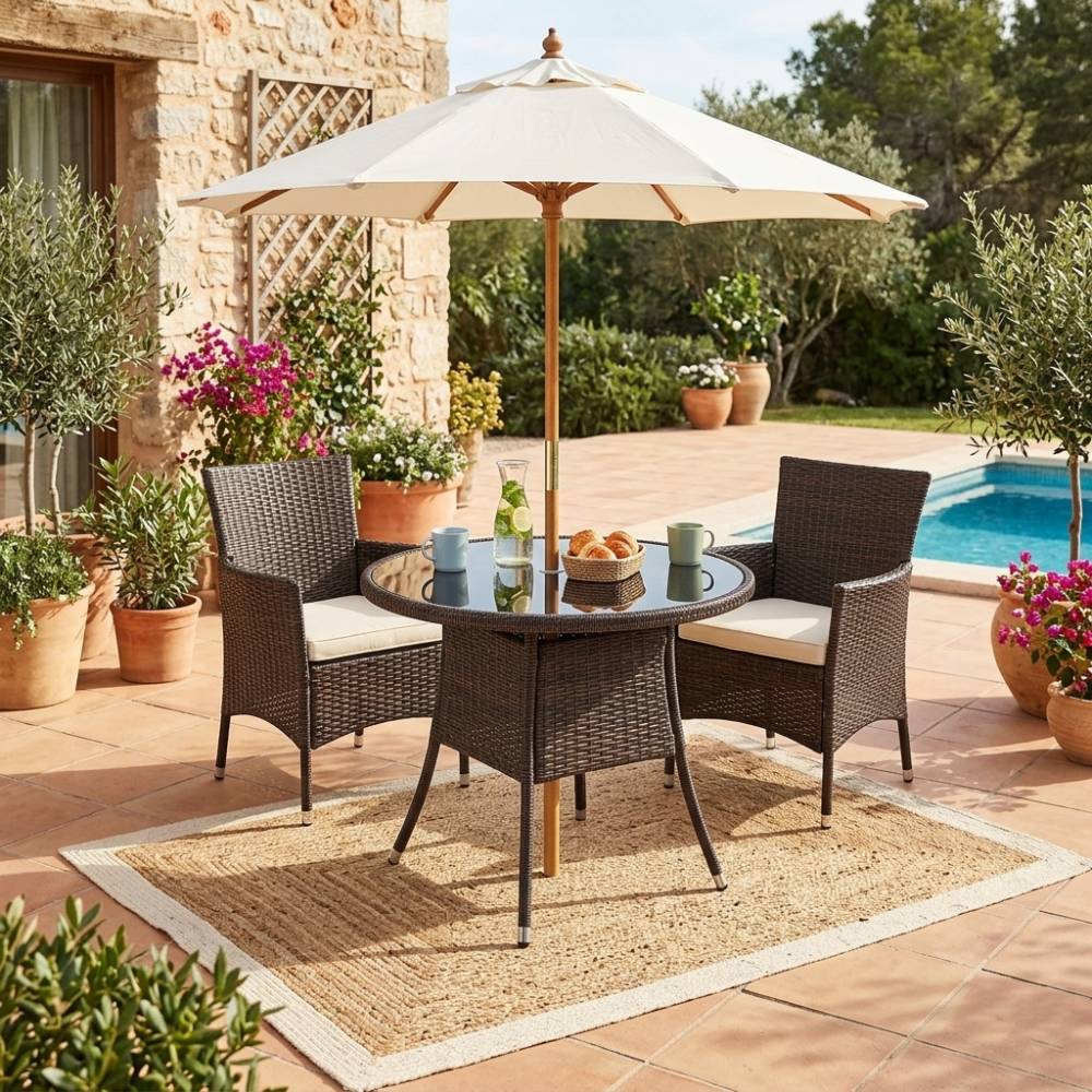 Round Wicker Patio Table With Black Tempered Glass Top With 51mm Umbrella Hole & Transparent Cap 80cm Dia X 72cm H | Brown
