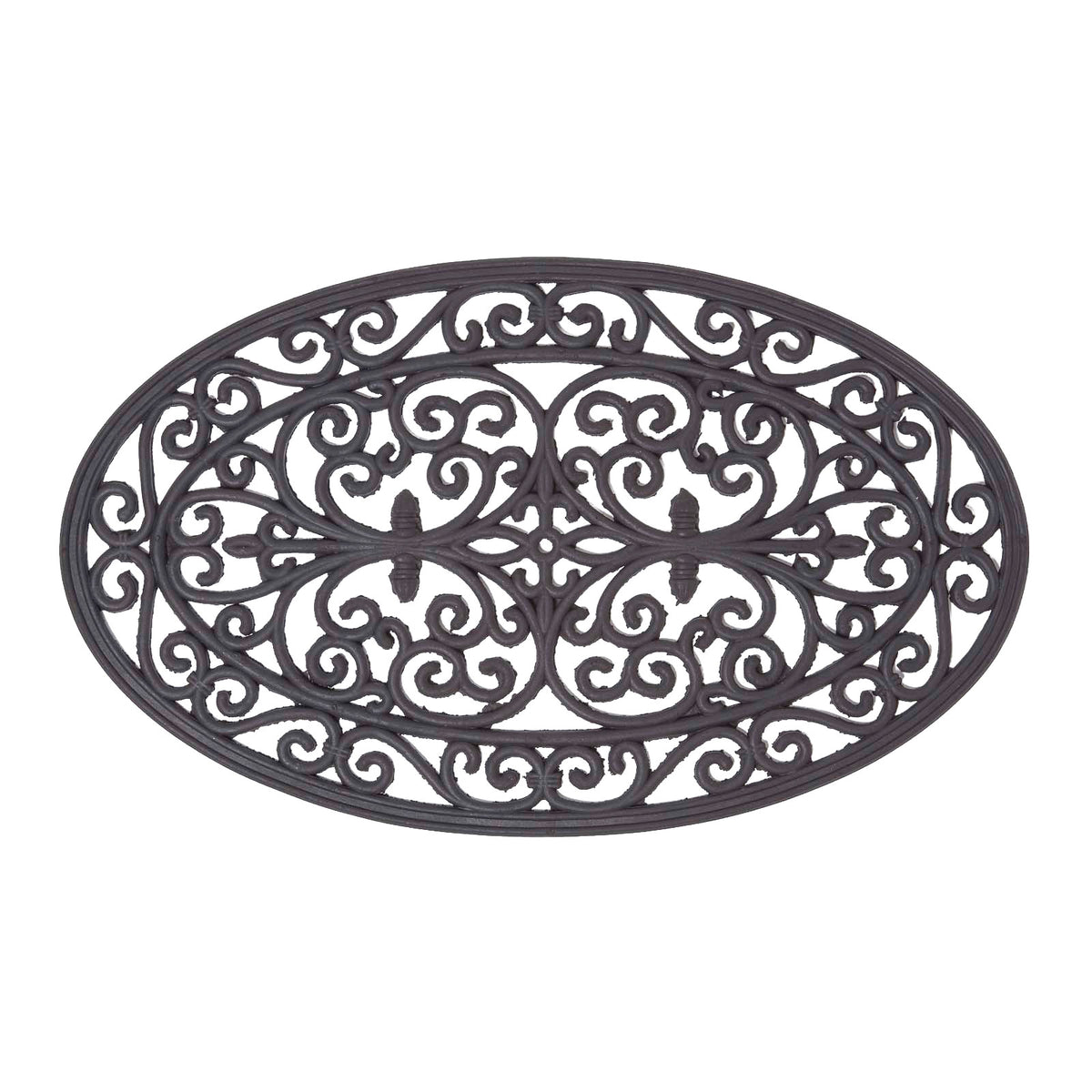 HOMESCAPES Black Wrought Iron Effect Parisian Oval Rubber Doormat