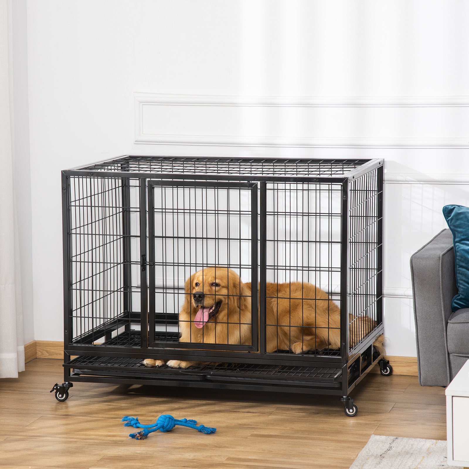 Heavy Duty Dog Cage W/ Wheels, Tray - M L