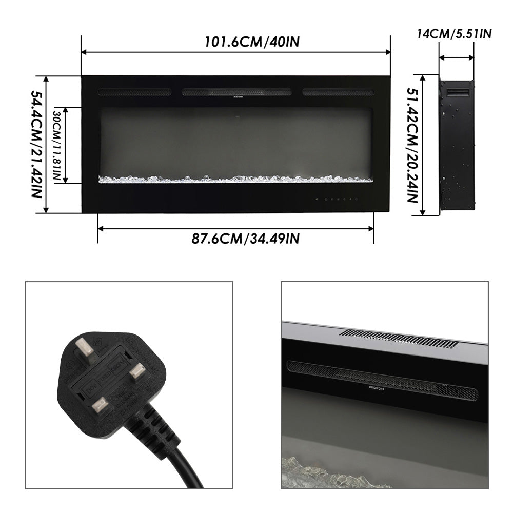 40-inch Recessed/wall Mounted Electric Fireplace, 1800w Black Heater With 12-colour Flame, Log & Crystal Bed, Remote Control & Timer