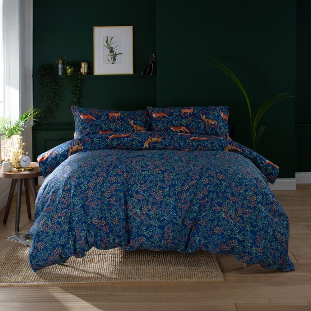 Fox And Deer Navy 200 Thread Count Cotton Rich Reversible Duvet Cover Set | Single | Navy Blue